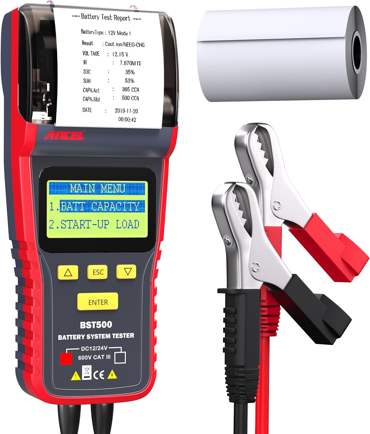 ANCEL BST 500 Professional 12V / 24V Automotive Load Battery Tester Print Data Available Digital Analyzer Bad Cell Test Tool for Car/Truck/Motorcycle and More (Black/Red)