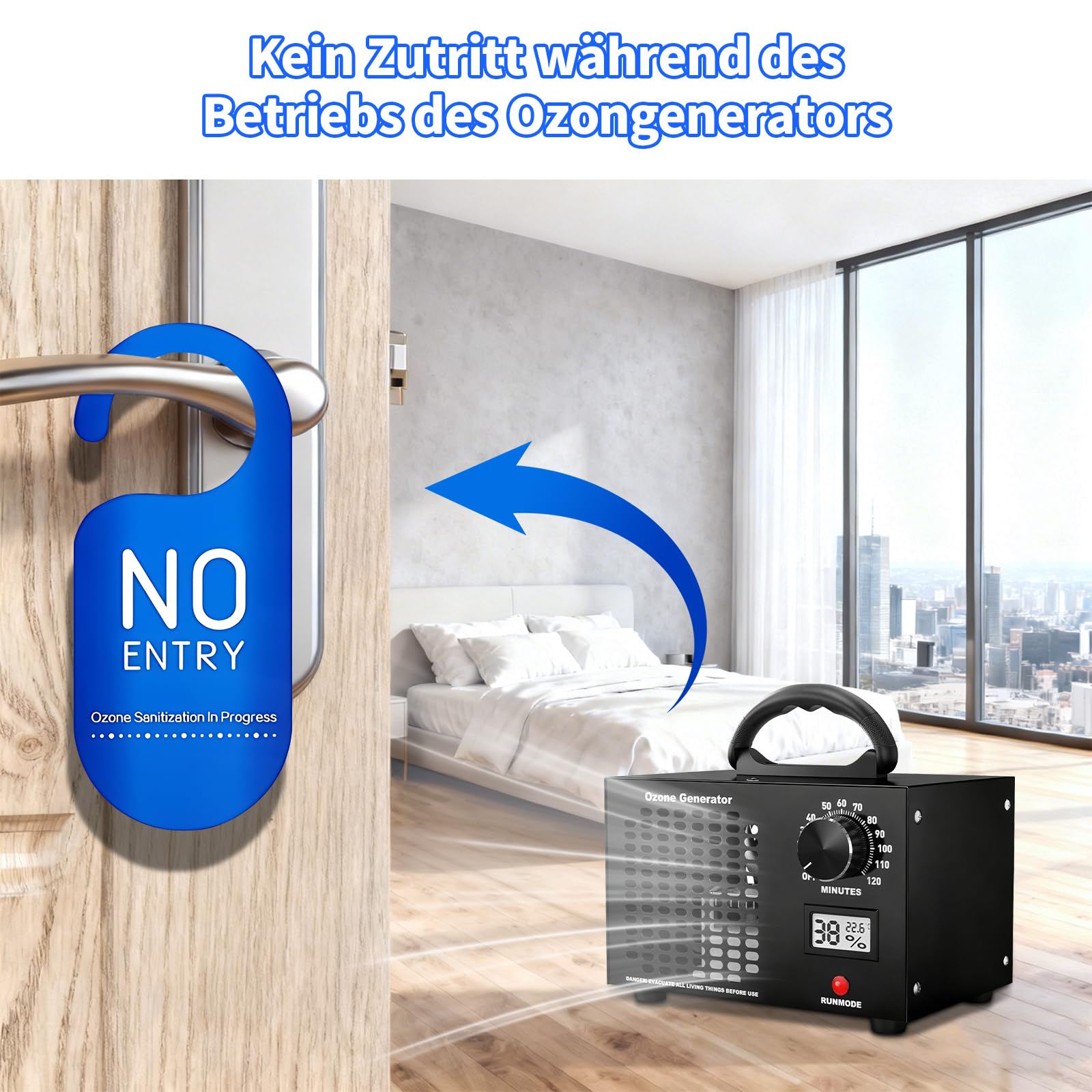 Ozongenerator 60,000 mg/h O3 Ozongerät bis zu 350㎡ mit 120 Min Timer, Temperatur- & Feuchtigkeitsanzeige, Ozonisator Luftreiniger für Auto, Wohnung, Küche, Hotel, Haustiere,Geruchsentfernung (Schwarz)