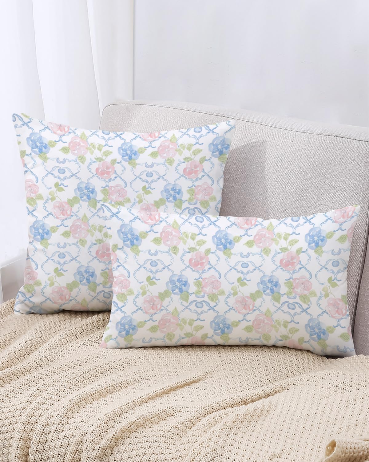 Vintage Floral Pillow Cover 12x20 – Pink and Blue Rose Trellis Throw Pillow Case – Elegant Cottagecore Cushion Cover for Bedroom, Couch or Coquette Room Decor image 3