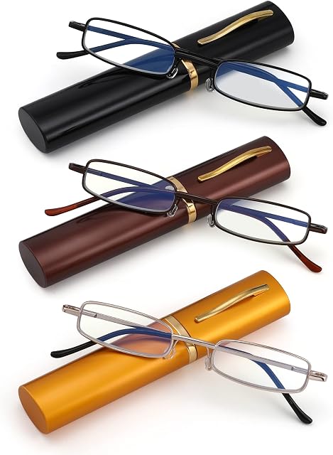 3 Pack Slim Pocket Reading Glasses for Men Women Blue Light Blocking Compact Readers Spring Hinge Metal Frame Eyeglasses