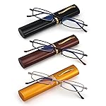 SOPHILY 3 Pack Slim Pocket Reading Glasses for Men Women Blue Light Blocking Compact Readers Spring Hinge Metal Frame, Yellow Black Grey Eyeglasses with Portable Pen Clip Tube Case, 2.75