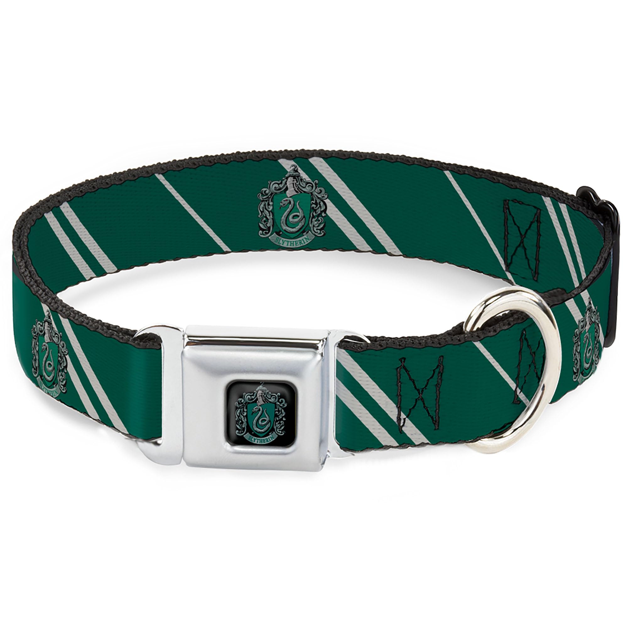 Warner Bros. Pet Collar, Dog Collar Metal Seatbelt Buckle, Slytherin Crest Stripe5 Green Gray, 11 to 16.5 Inches 1.0 Inch Wide