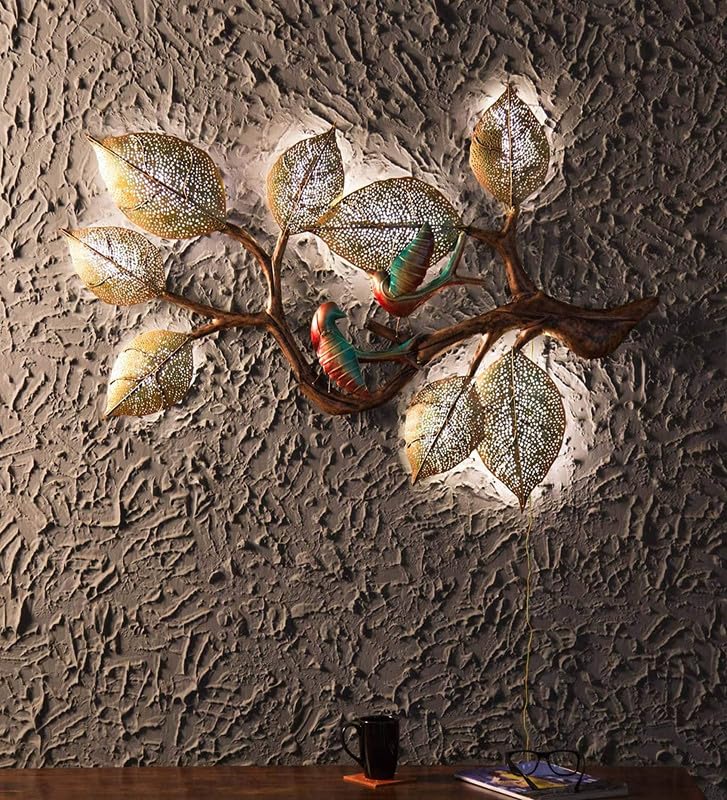 Image of Bharat Art Metal Tree Wall Art with LED Light for Living Room | Handcrafted Iron Tree Wall Hanging Home Decoration for Bedroom, Hall, Office & Entrance | 2 Bird Tree | 48 x 02 x 36 inch | W039