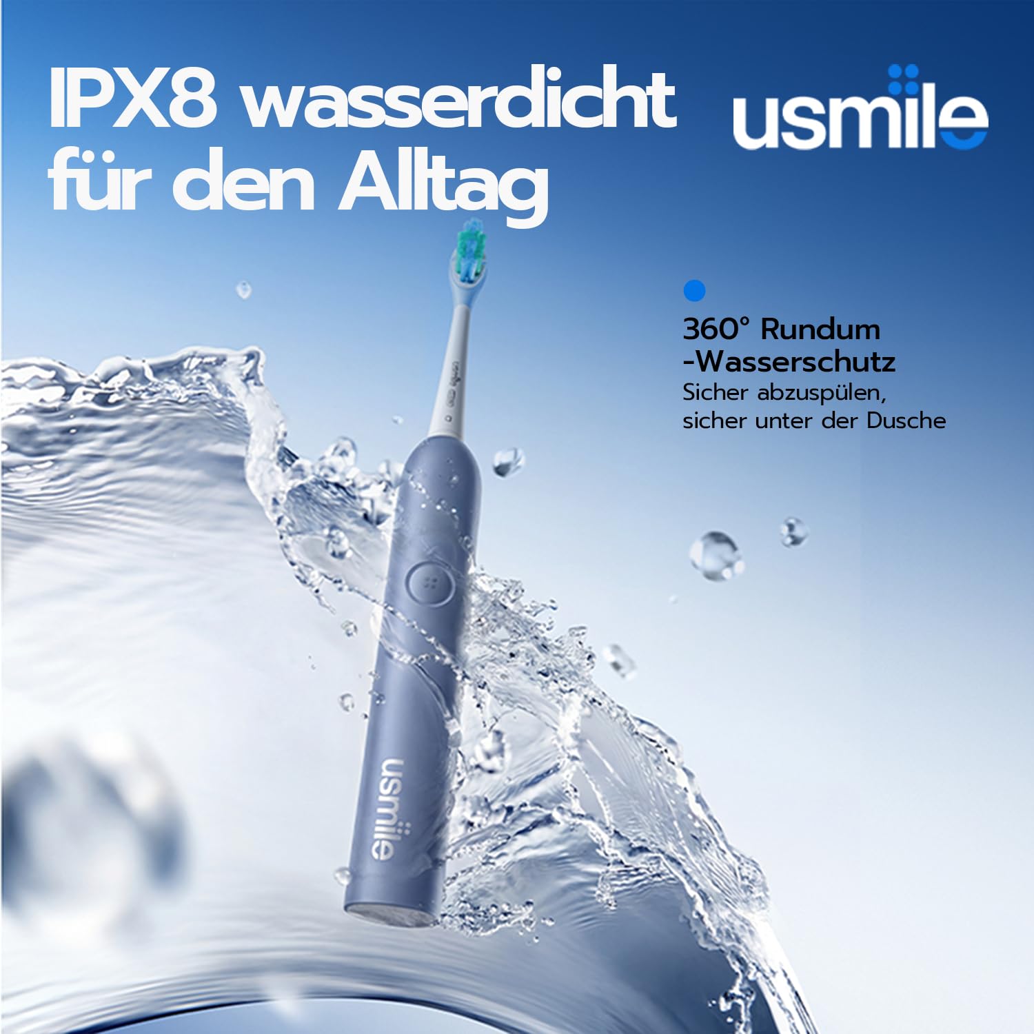 usmile P10S elektrische Zahnbürste – 3 Modi (Tiefenreinigung & Aufhellung), 180 Tage Akkulaufzeit, gepolsterter Zahnfleischschutz-Bürstenkopf für empfindliche Zähne, Smart-Timer, 2 Bürstenköpfe (Blau)