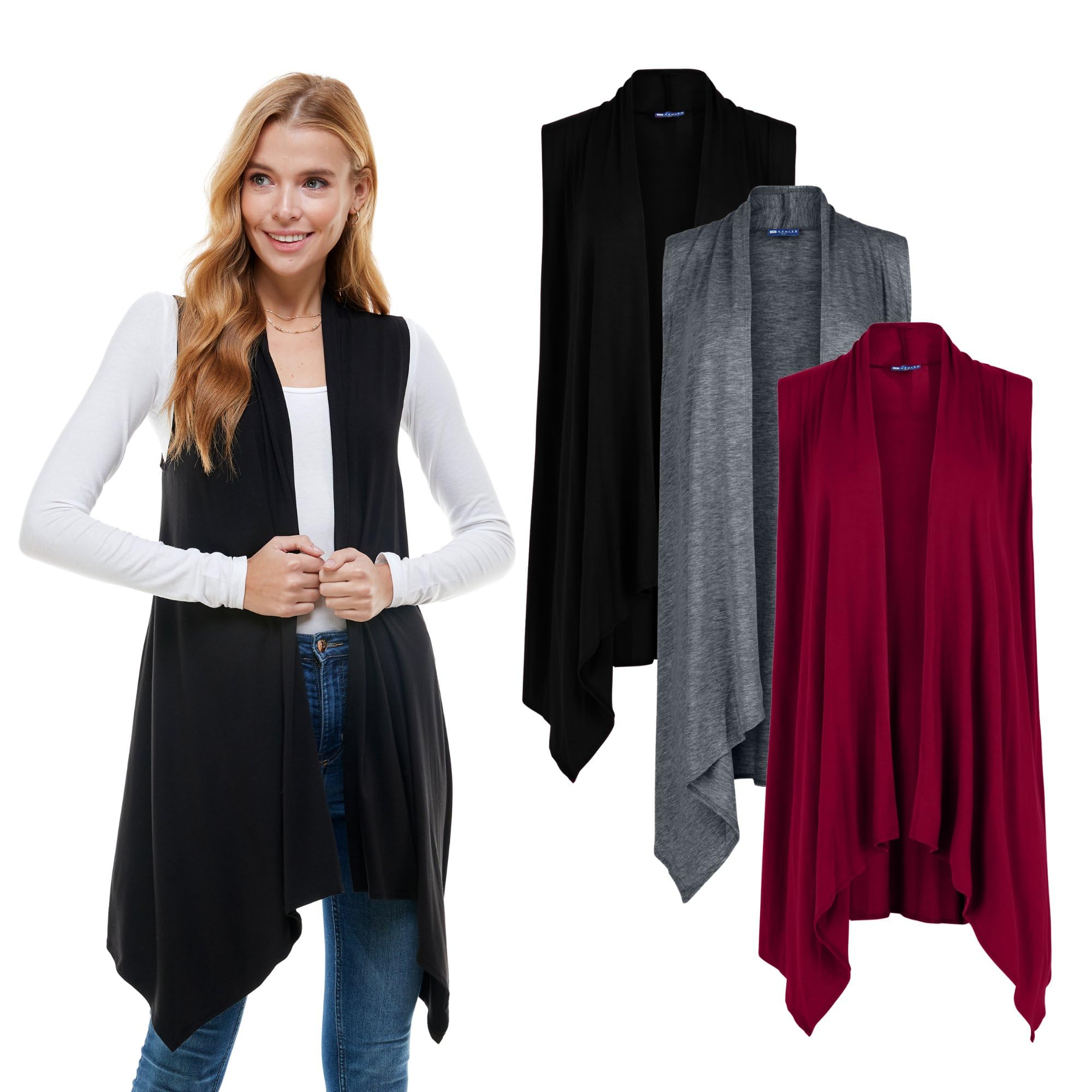 Azules Sleeveless Cardigan for Women, Soft Lightweight Duster Open Front Sleeveless Long Cardigan Vest (3 Pack)