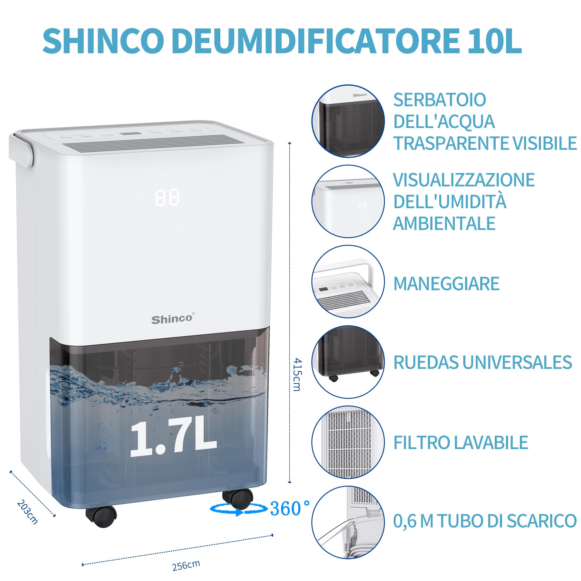 SHINCO Deumidificatore d'aria Silenzioso 10L/Giorno, Per Max 15㎡, Funzione di Deumidificazione, Purificazione, Asciugatura Biancheria, Timer 24 ore, Serbatoio dell'acqua Trasparente
