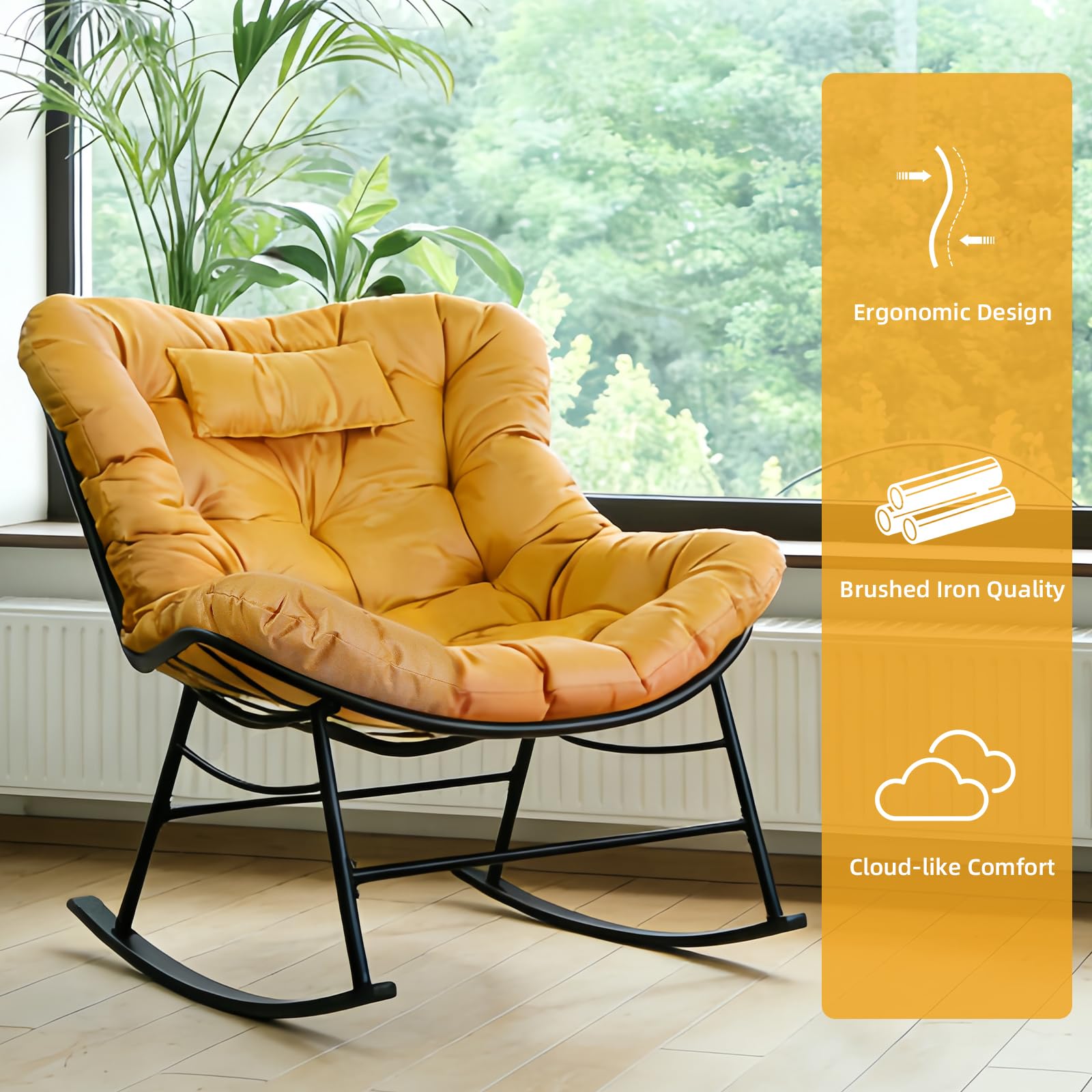 CCLIFE Schaukelstuhl Schaukelsessel Extra groß Wohnzimmer Relaxstuhl Kopfstütze Belastbarkeit Bis 150kg Orange