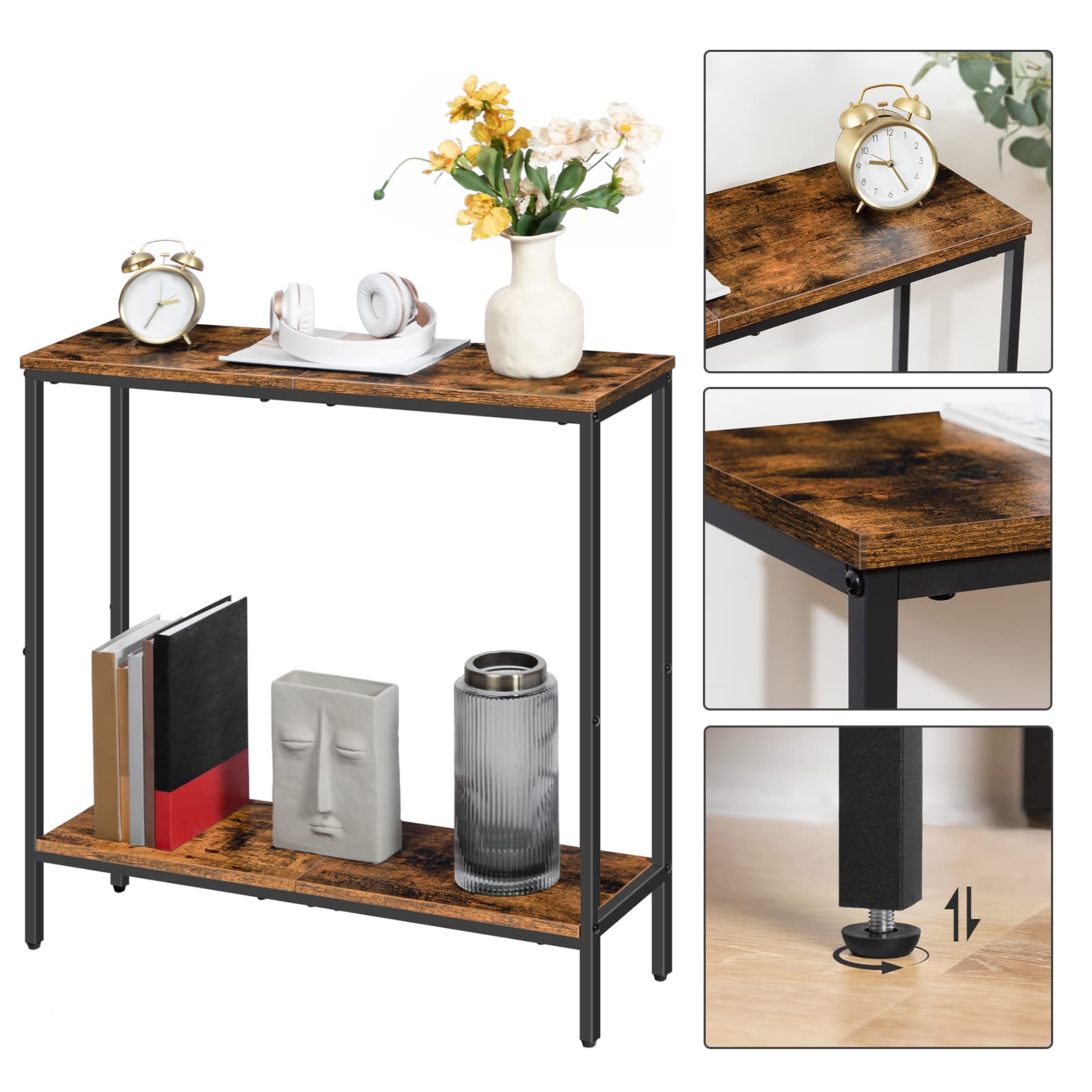 HOOBRO mesa Consola Estrecha con Estante, Mesa Auxiliar 75 x 22 x 75 cm, Pasillo, Exposición, Sofá, Habitaciones Pequeñas, Entrada, Marrón Vintage EBF22XG01