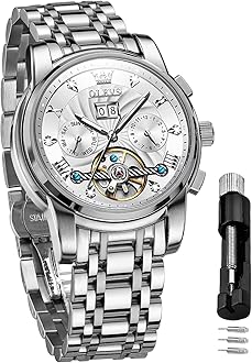 OLEVS Mens Watch Automatic Mechanical Tourbillon Self Winding Luxury Stainless Steel Waterproof Luminous Date Wrist Watch