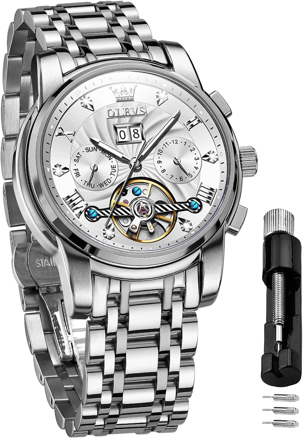 OLEVS Mens Watch Automatic Mechanical Tourbillon Self Winding Luxury Stainless Steel Waterproof Luminous Date Wrist Watch