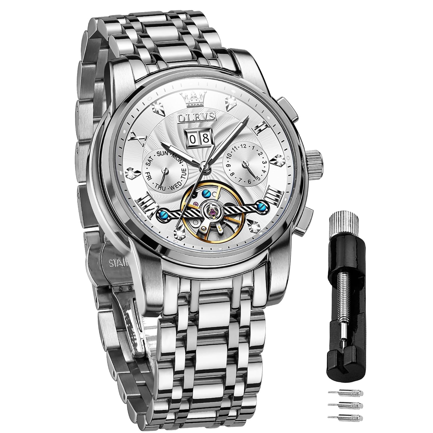 OLEVSSelf Winding Watches for Men Tourbillon Automatic Mechanics Luxury Dress Stainless Steel Strap Luminous Waterproof Men Wrist Watches