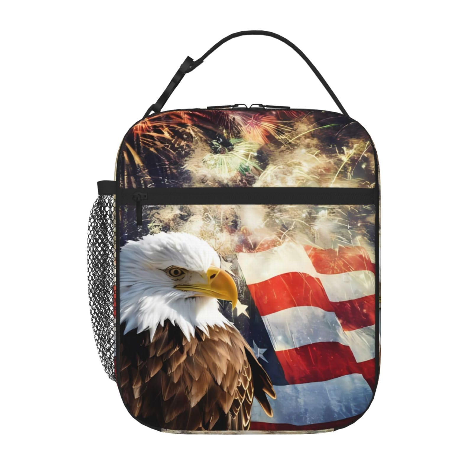 WiNwon American Flag Eagle Fireworks Printed Insulated Lunch Bag Cooler Bag Portable Lunch Box Bag for Work School Picnic