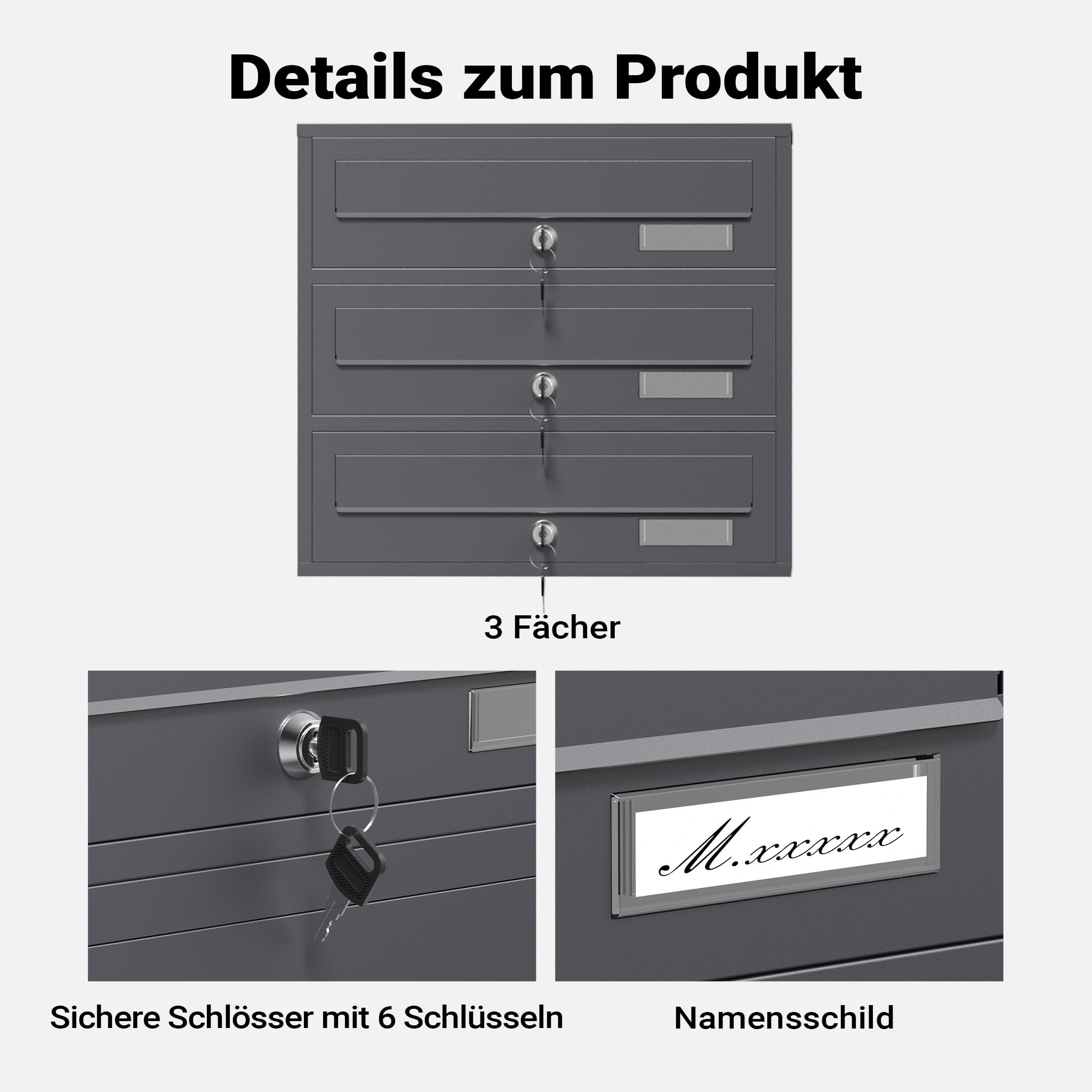 Wiltec 3er Briefkastenanlage Anthrazit 556 x 270 x 1200 mm, Standbriefkasten mit 3 Fächern, Schlüssel und Namensschild, Briefkasten Postkasten mit Ständer