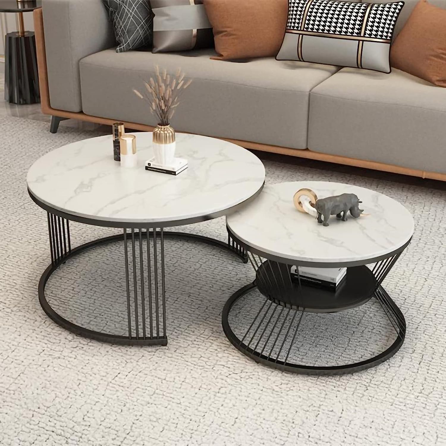 Vought Store Iron Frame Marble Look Set of 2 Coffee Table Snackes Tea Table Sofa Center Table for Living Room Bedroom or Any Apartment (Black White) (B0D5YZWWV1) Amazon Price History, Amazon Price Tracker