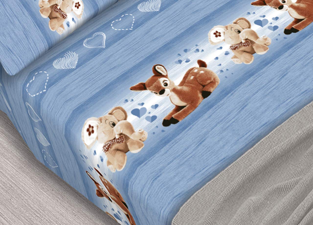 SOFFICIOSO Set Completo Lenzuola Estate in Puro Cotone Dis. Peluches Azzurro CN Singolo Azzurro