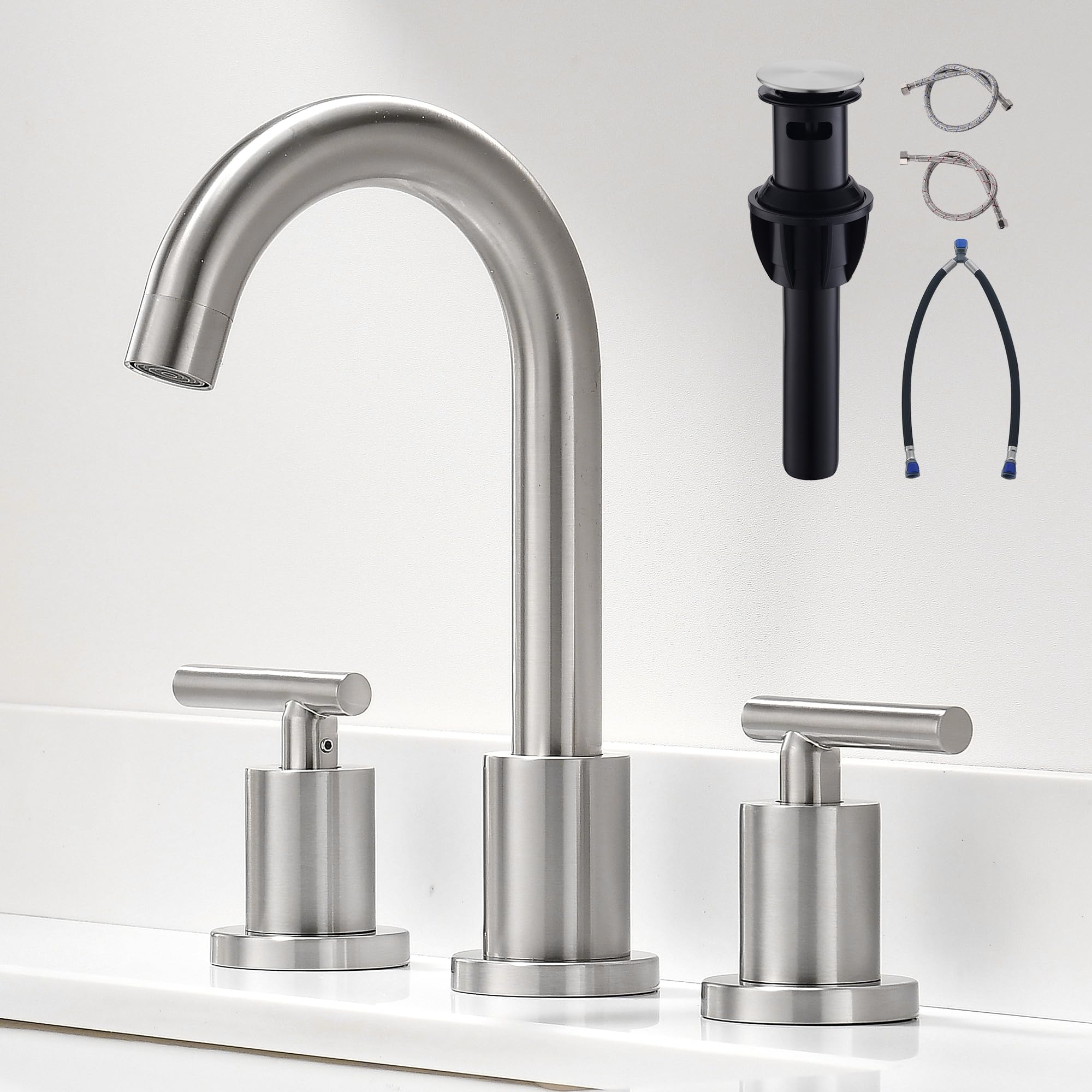 FROPO Waterfall Bathroom Faucets for Sink 3 Hole | Brushed Nickel Bathroom Faucet with Pop-up Drain, 8 Inch Widespread Bathroom Sink Faucet 2-Handles Vanity Faucet with Supply Lines