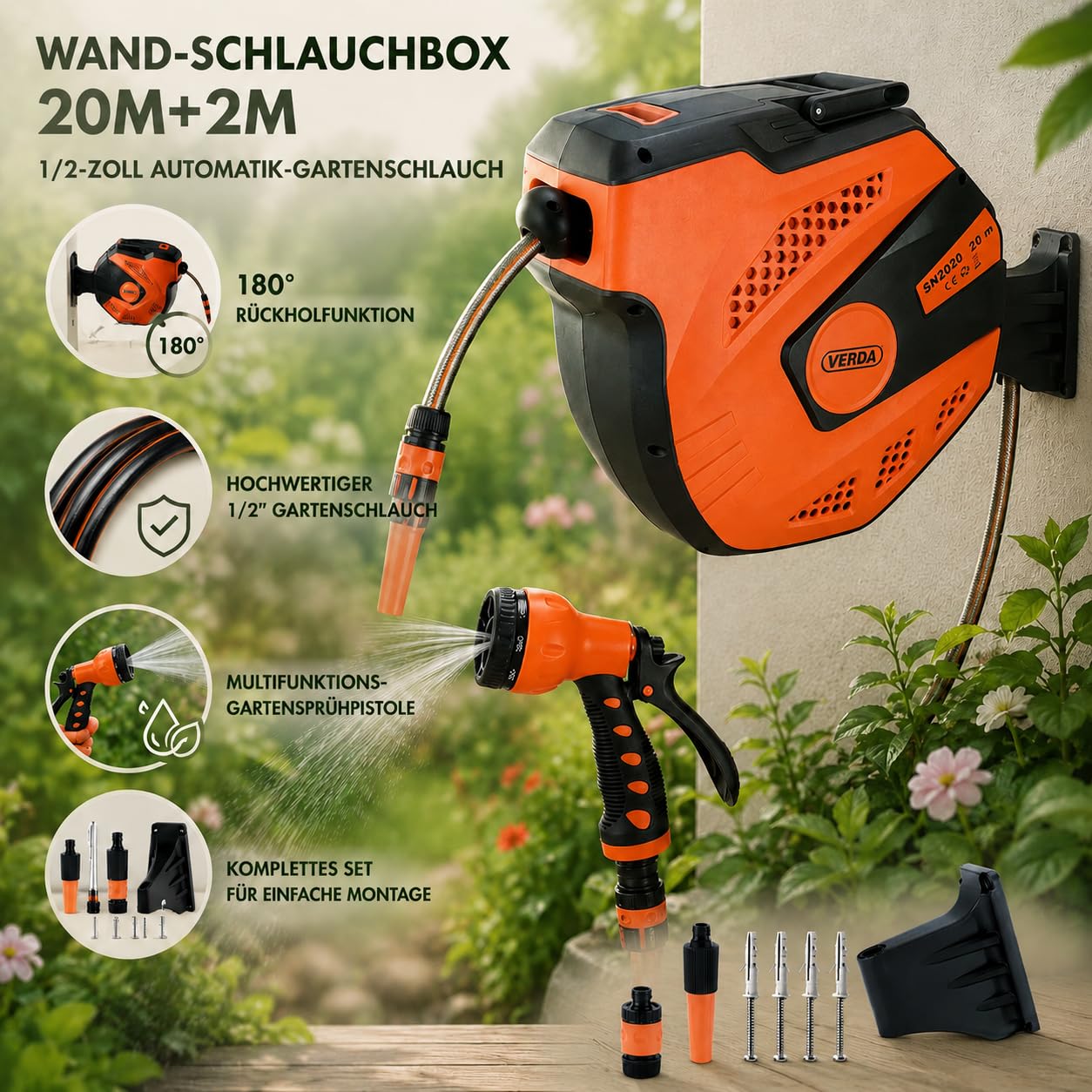 Schlauchtrommel & Wand-Schlauchbox 20M+2M – Hochwertiger 1/2-Zoll Automatik-Gartenschlauch mit 180° Rückholfunktion, robuste, wetterfeste & platzsparende Lösung für Garten, Terrasse & Balkon