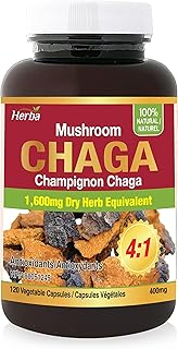 Herba Chaga Mushroom Capsules - 120 Capsules | 1,600mg - 4:1 Concentration | 400mg Equivalent to 1,600mg Chaga Mushroom Powder | 100% Natural Wild Harvested Chaga Capsules | Source of Antioxidants