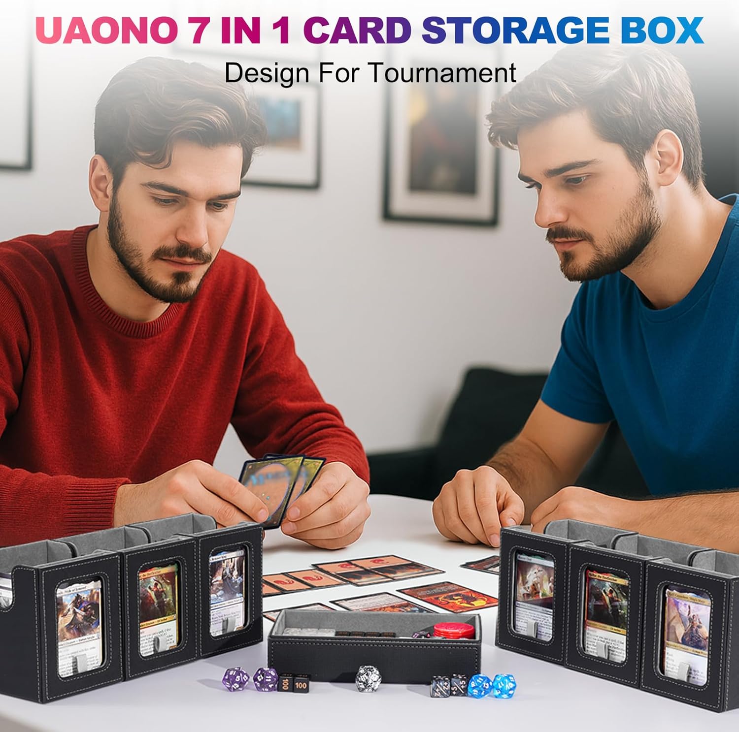 UAONO Commander Deck Box for MTG, 6-Deck Modular Card Case with Dice Tray Holds 600+ Double-sleeved Cards, Removable Trading Cards Storage Box with 35PT Magnetic Card Holders for TCG, Black Grey