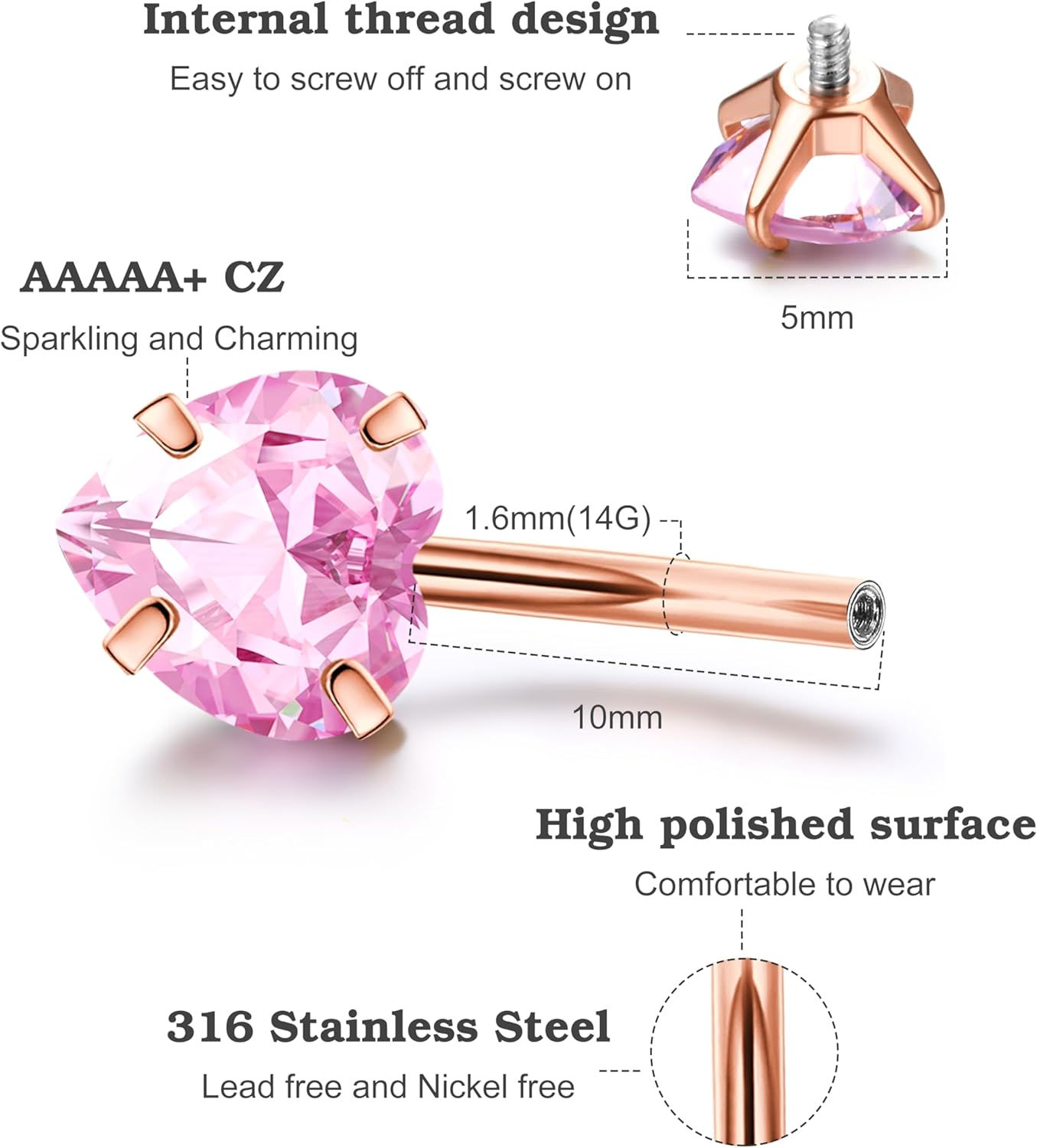 Dochais Pink Heart Belly Button Ring Piercing 8Pcs 14G Surgical Stainless Steel Navel Piercing Hypoallergenic Cute Created-opal Butterfly Belly Button Rings for Women - Image 2