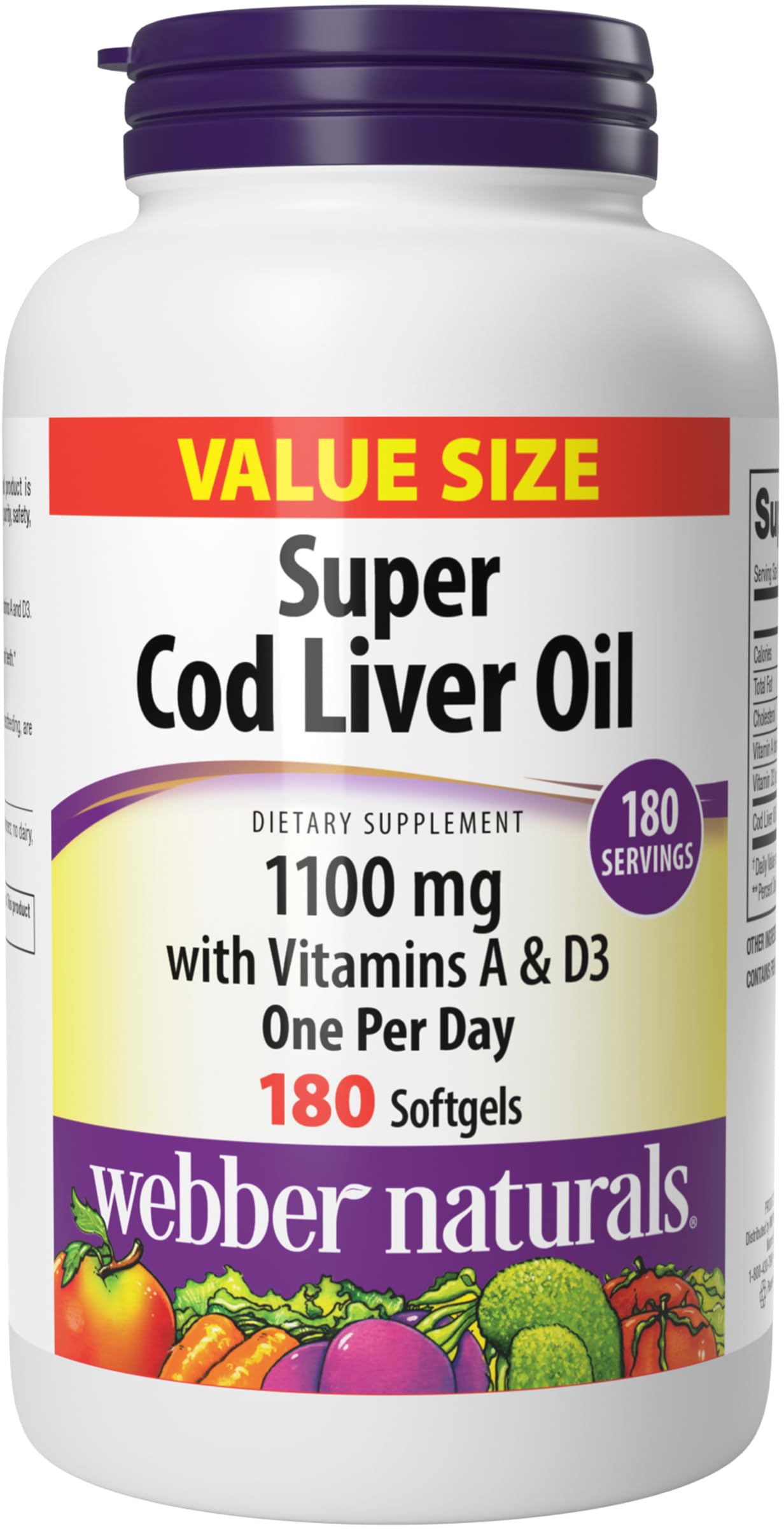 Webber Naturals Cod Liver Oil Softgels, Vitamins A & D, 1100 mg, 180 Count