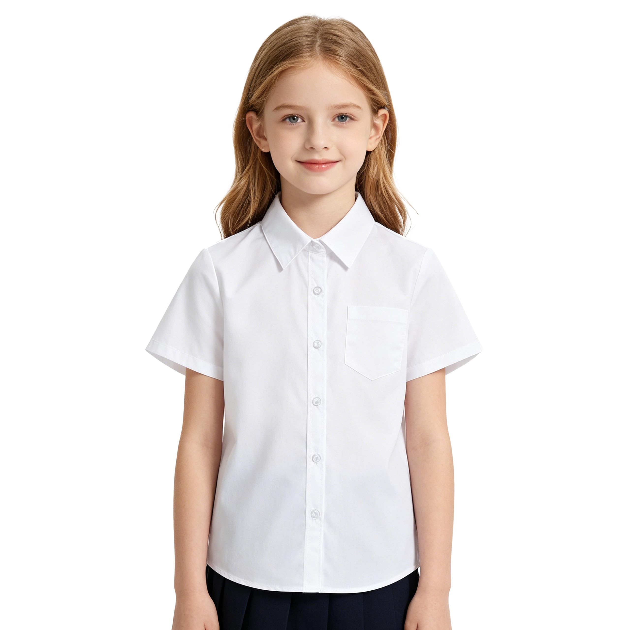 LOLANTA Camisa Escolar Lisa para niña, Blusa de Manga Corta con Bolsillo en el Pecho, fácil Cuidado, Resistente a Las Arrugas,7-13 años