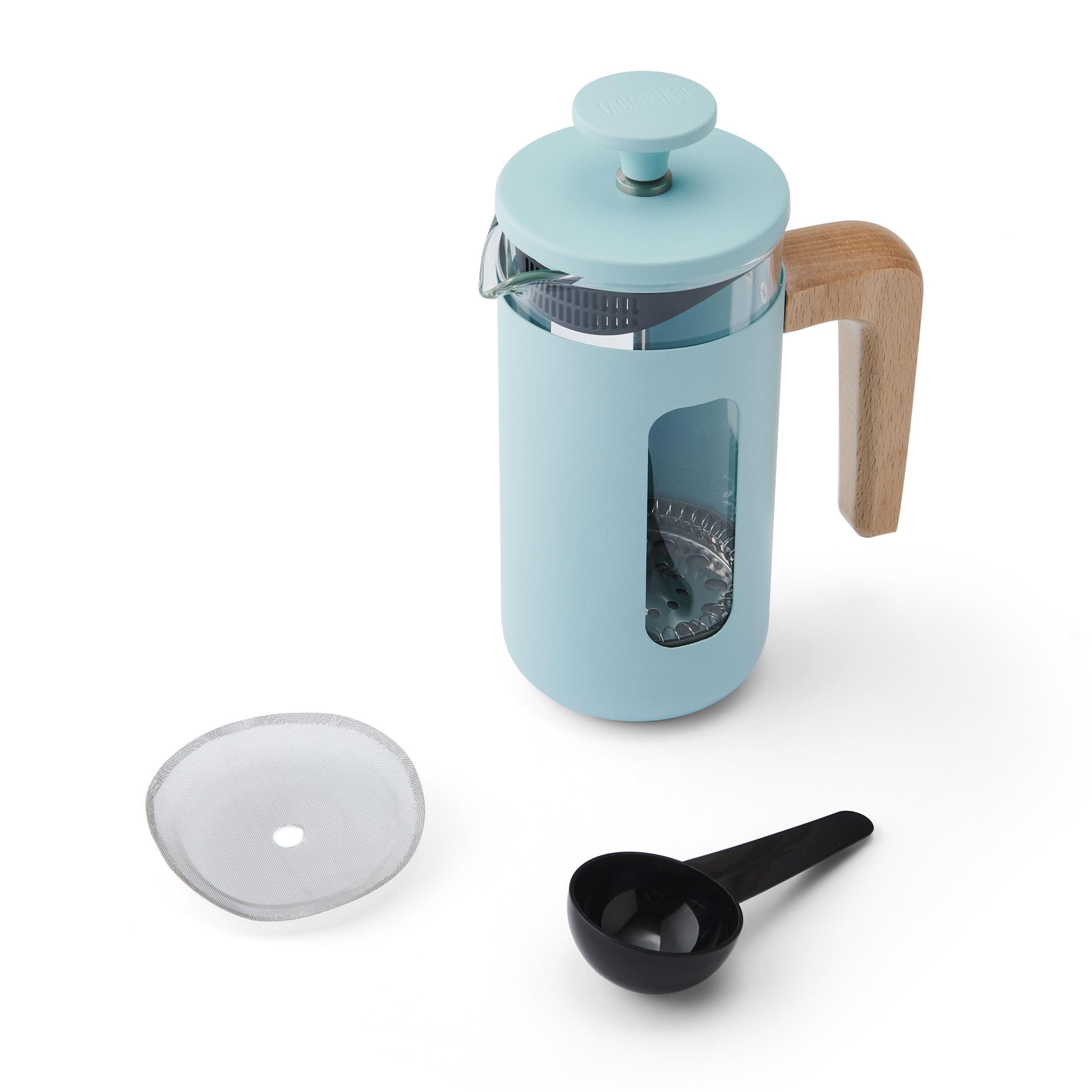La cafetière pisa 3 cup cafetière in sky blue, wytrzymała rama i tłok ze stali nierdzewnej, żaroodporna praska francuska ze stylowym uchwytem z naturalnego drewna