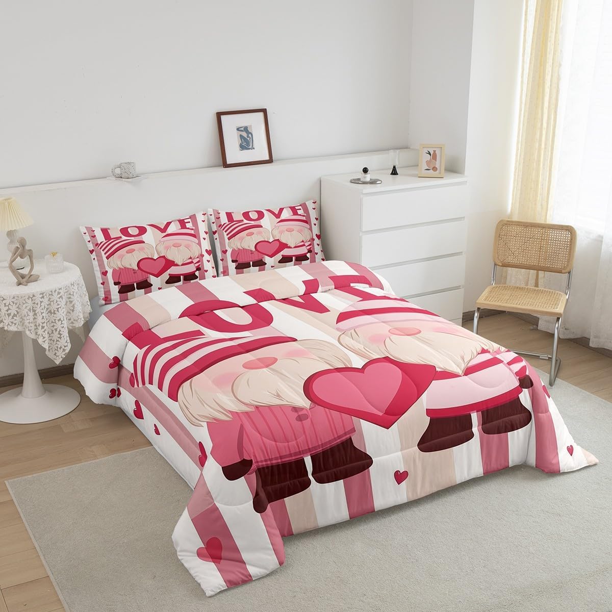 Erosebridal Couple Lover Down Comforter Romantic Weeding Queen Comforter Set for Couple Gifts Gnome Weeding Love Heart Bedding Sets Pink and White Striped Quilt Set for Room Decor