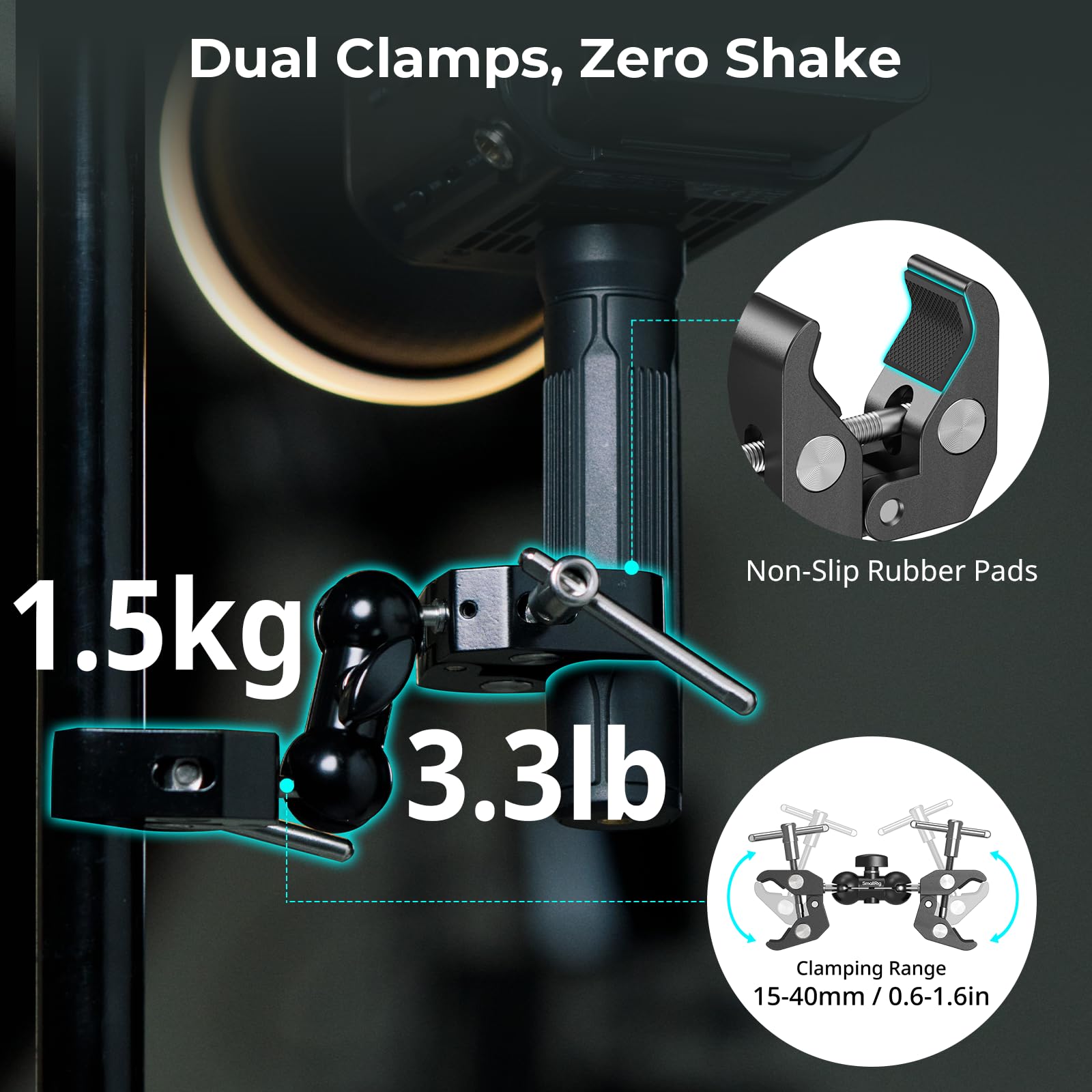 SMALLRIG Verstellbare Doppelklemmhalterung, Doppelkopf 15–40 mm Anti-Rutsch-Klemme, 1,5 kg Klemme aus Aluminiumlegierung für Fotobeleuchtung/Stativ/Studio – 5331