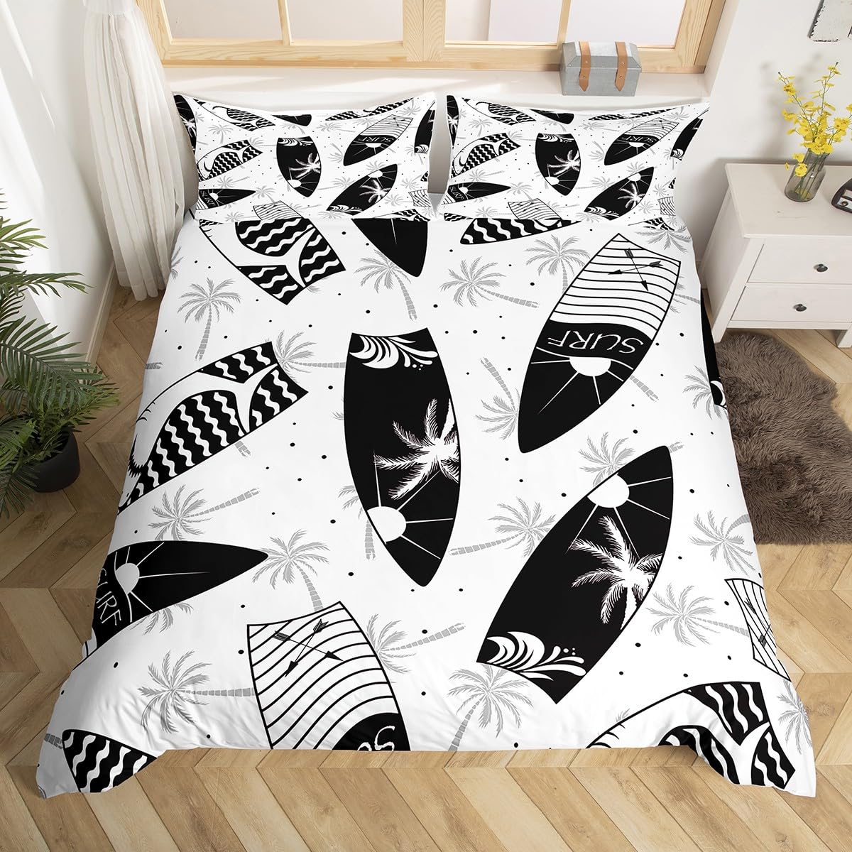 Manfei Summer Beach Duvet Cover Set Double Size, Black White Surfboards Comforter Cover with 2 Pillowcases