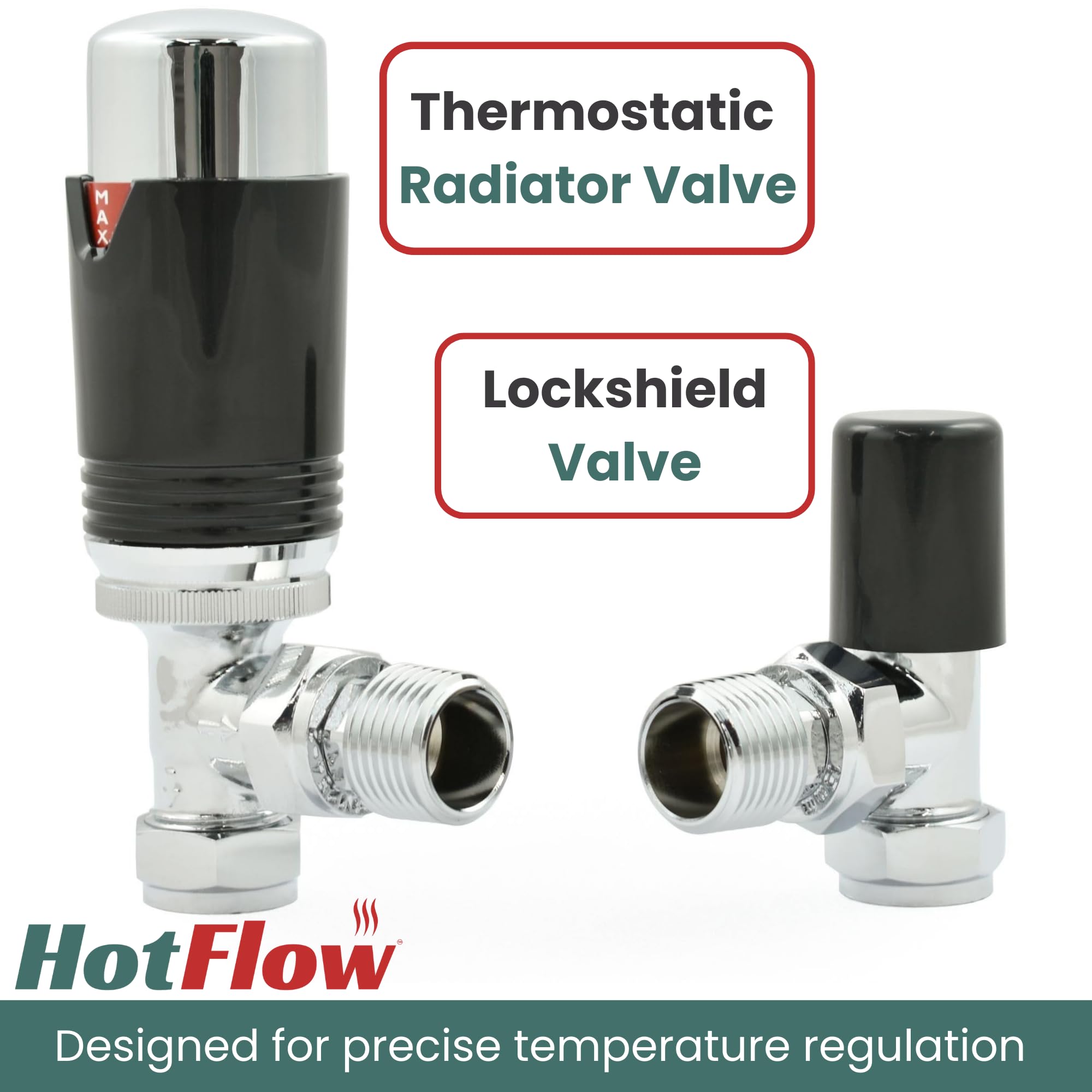 Hot Flow Chrome & Black Estuary Angled TRV Thermostatic Radiator Valve (Pair) Includes Angled TRV Body, Wheel Head - Image 2