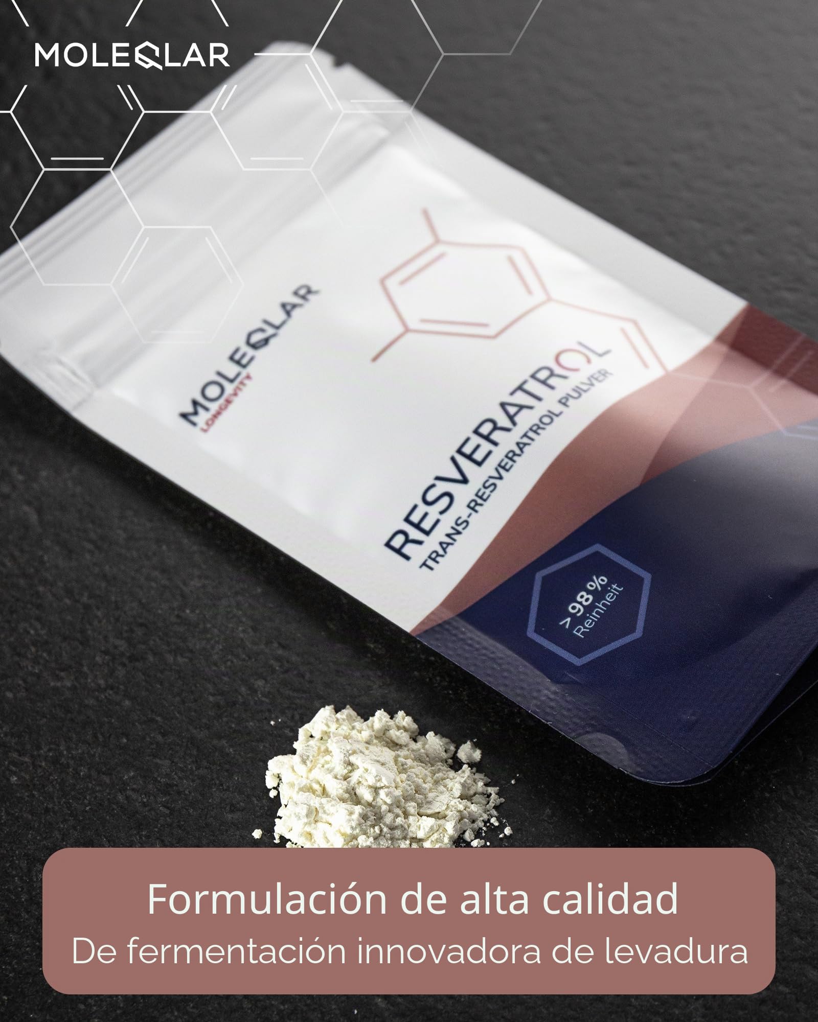 MoleQlar Resveratrol en polvo 100 g - Suplemento dietético de fermentación de levadura con 500 mg por porción - Formato fino para mezclar, apto para llenado de cápsulas y consumo diario de rutina