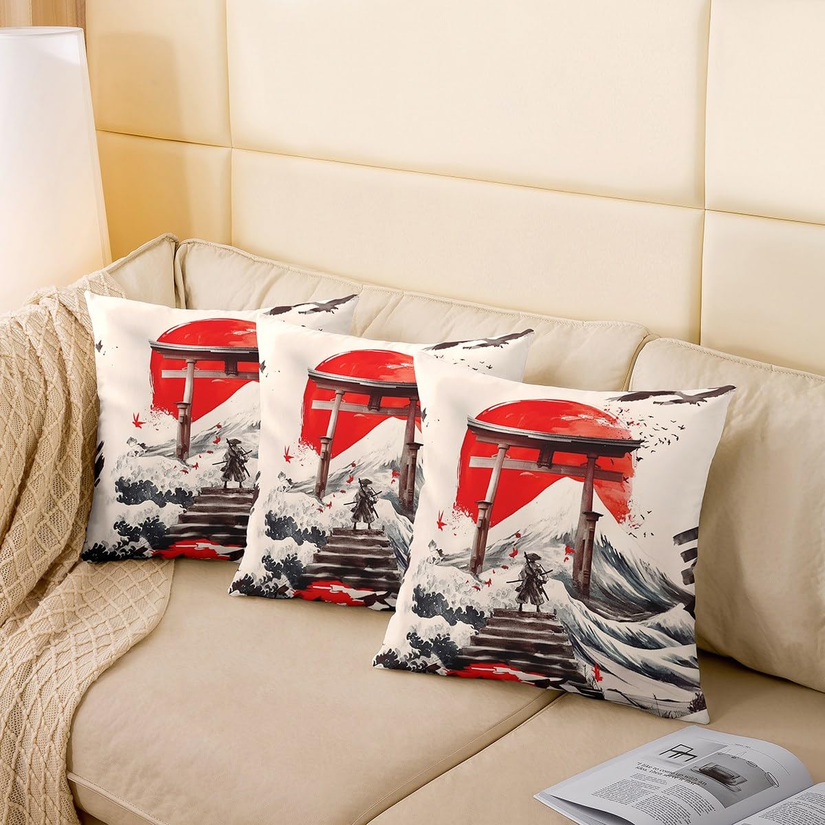 Homemissing Japanese Ukiyoe Cushion Covers Set of 2 40x40cm For Sofa Couch Chair Kids Boys Girls Adults Japanese Style Pillow Covers Japan Samurai Cushion Case Red Sunset Sea Waves Pillow Cases - Image 4
