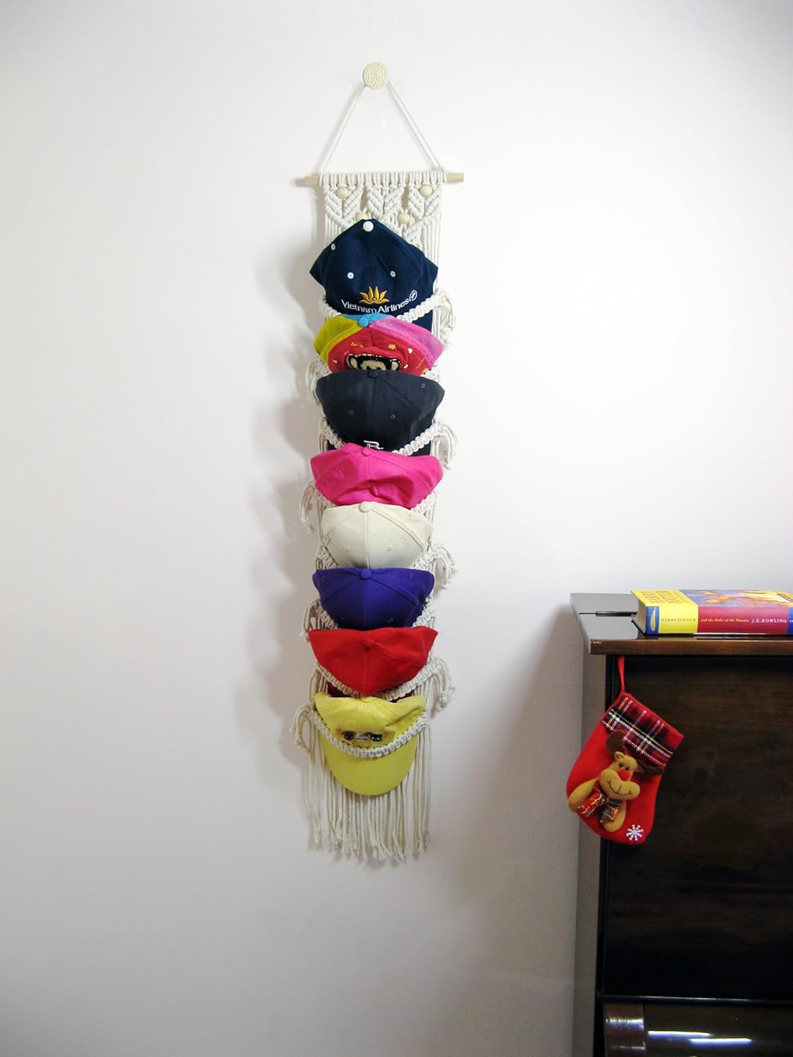 8-Tier Macrame Baseball Cap Organizer With Boho Hooks—Handwoven Boho Cap Holder,Macrame Hat Hangers-Space Saving Wall Storage for Living Room, Bedroom, Entryway