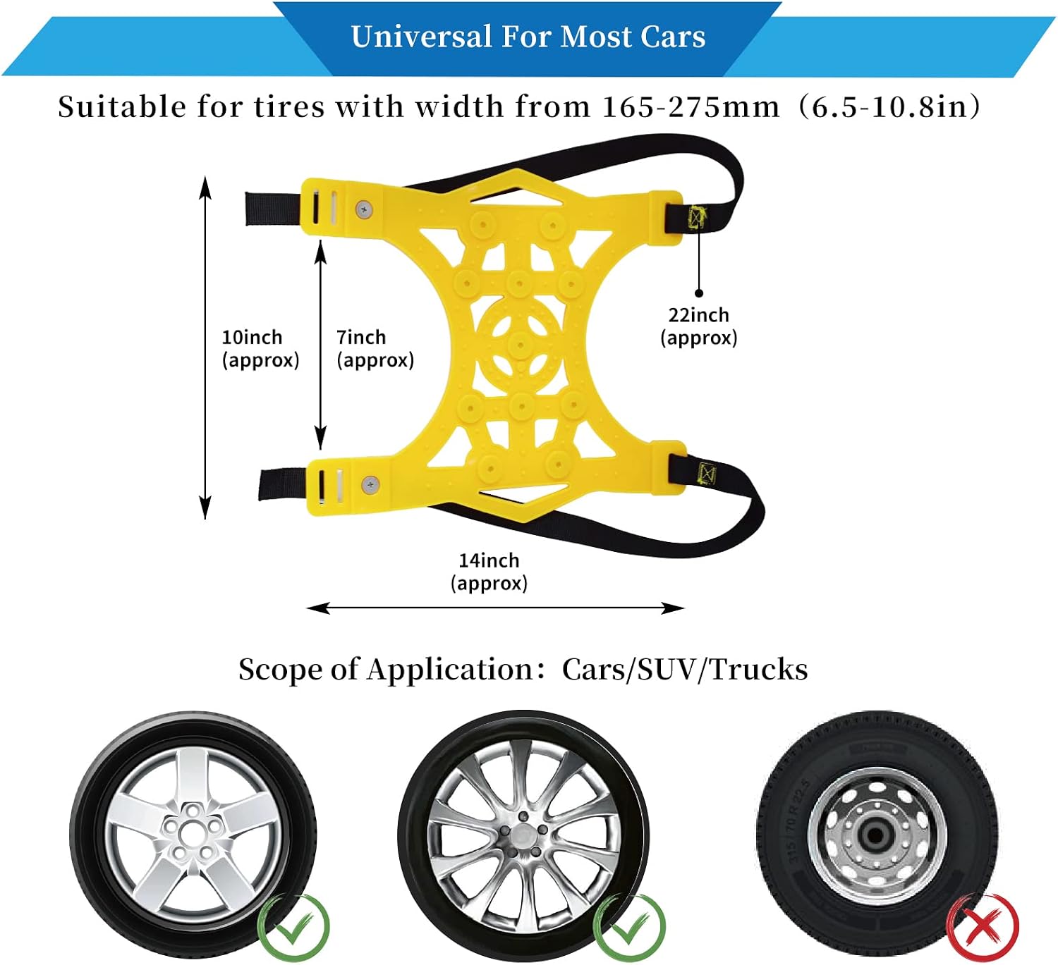 Buyplus Snow Chains Car Anti Slip Tire Chains 6Pcs Adjustable Universal Emergency Thickening Anti Skid Tire Chain Fits for Most Car/SUV/Truck-Set of 10 Width 165-285mm/6.5-11.2''