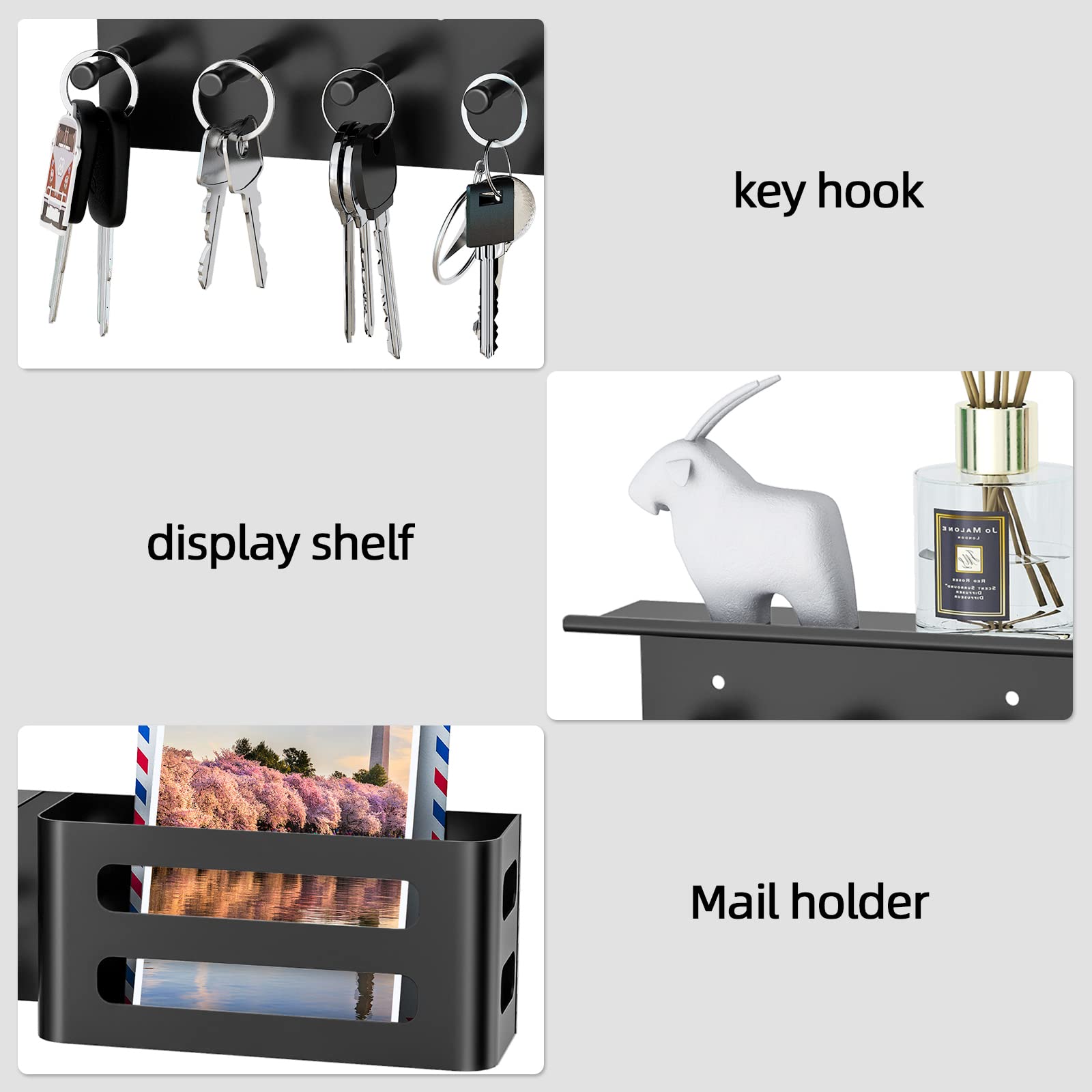 Schlüsselbrett, Schlüsselhalter für die Wand, Schlüsselleiste mit Ablage 4 Haken, Schlüsselbunde Organizer mit Dübel und Schrauben, Schlüsselaufhänger Briefablage für Hauseingangsbereich Büro, Schwarz | Metall-Material, Schlüsselbrett mit Ablage, Wandhalt