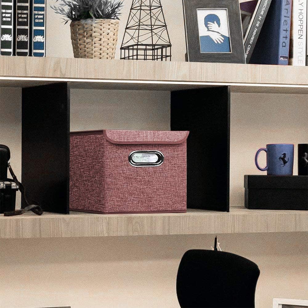 Storage Bin [Set of 4] Linen Fabric Foldable Container with Lid, Collapsible Organizer Boxes Cubes - 10 x 10 x 10 Inches (Gray)