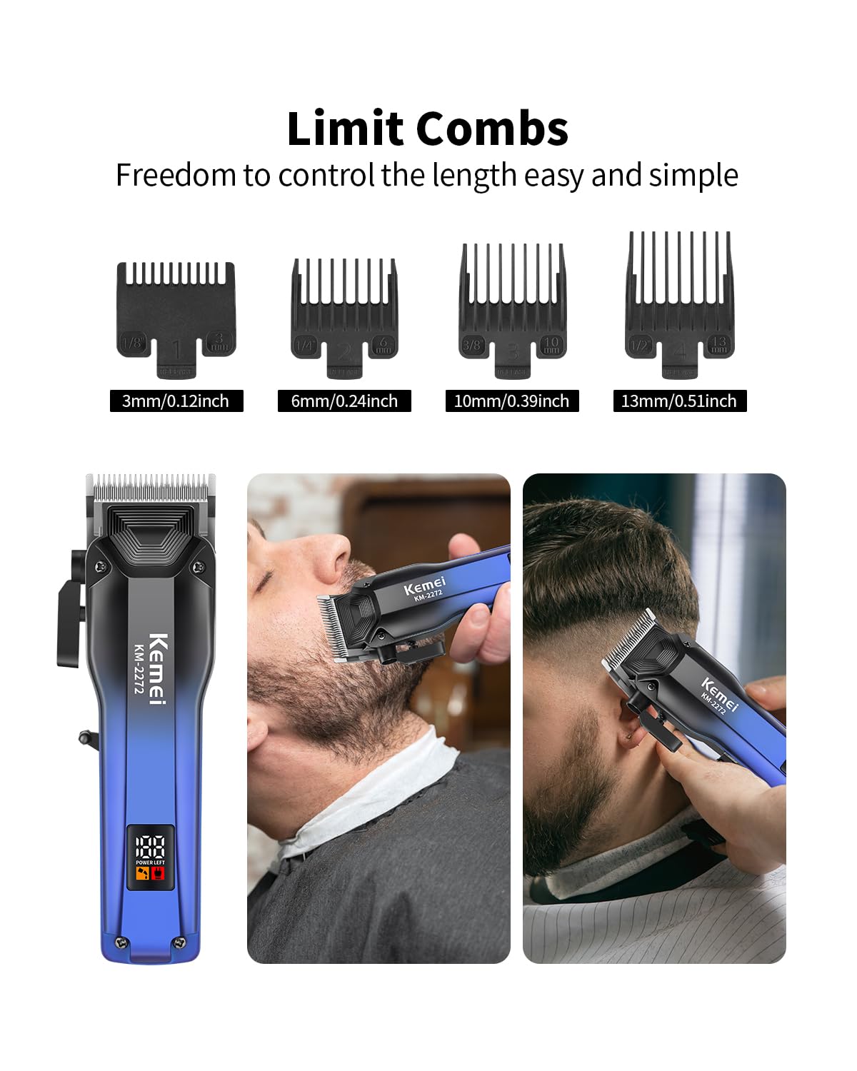 Tondeuse Barbe/cheveux Kemei Pro Rechargeable USB écran LCD - 7 Sabots De Coupe