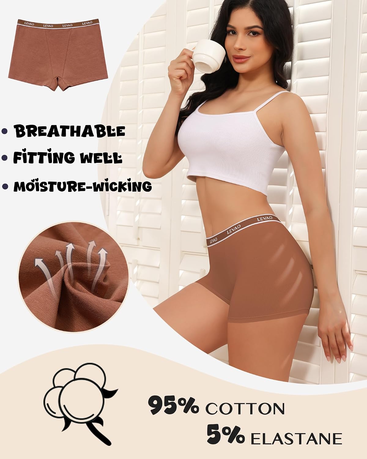 LEVAO Cotton Boy Shorts Underwear, Women's Boxer Briefs, Mid-Waisted Boyshorts, Full Coverage Panties, 5 Pack S-XXL