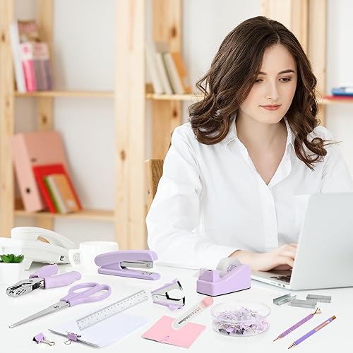 Miniatura 5 de leepiya Office Supplies Kit 10 Set Office Desk Accessories with Stapler Scissor Staple Remover Hole Punch Tape Dispenser Index Tabs Binderclips and