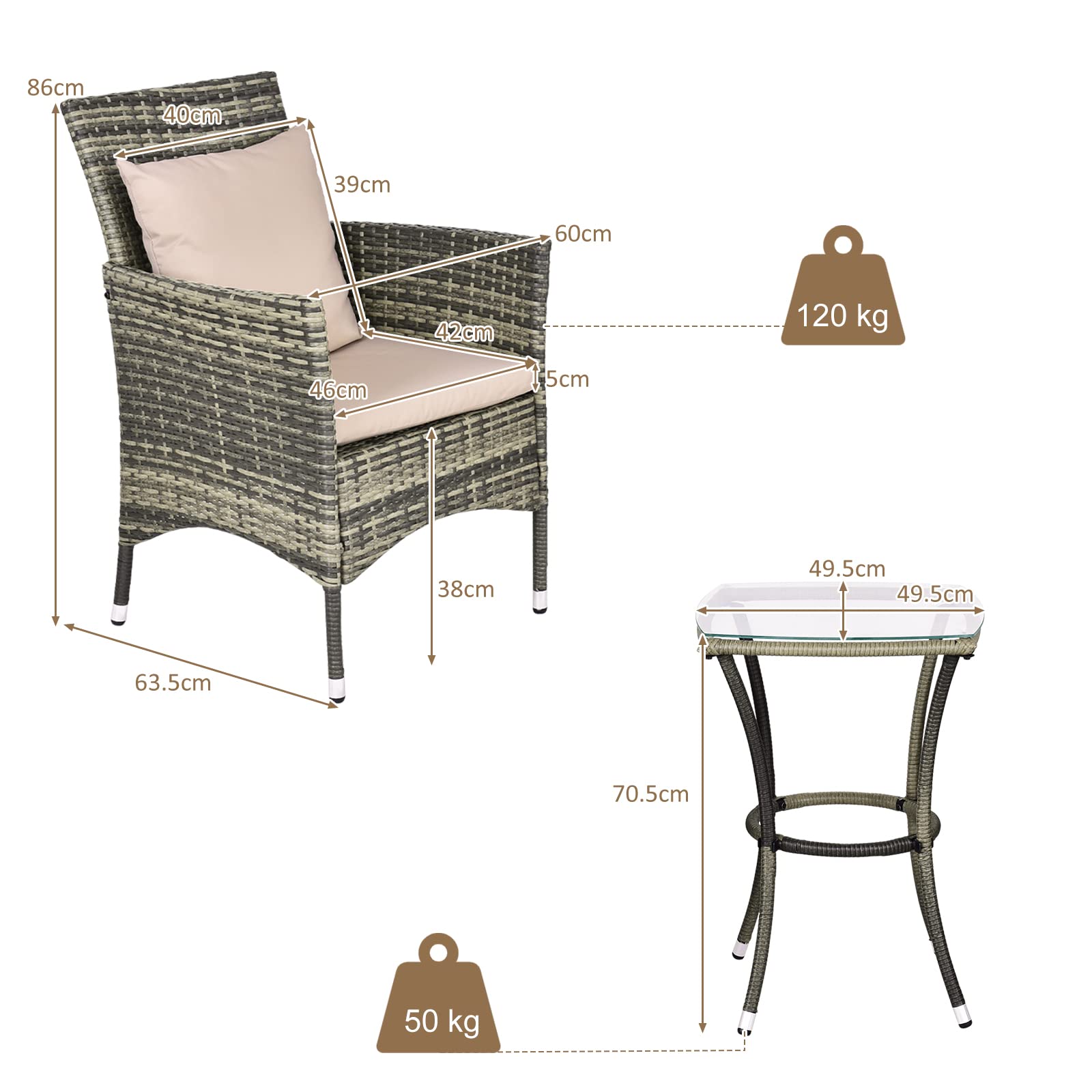 GIANTEX Set Mobili da Giardino in Rattan 3 Pezzi, Salottino da Giardino con 2 Poltrone e 1 Tavolino da Caffè in Vetro, Cuscini Inclusi, Resistente alle Intemperie