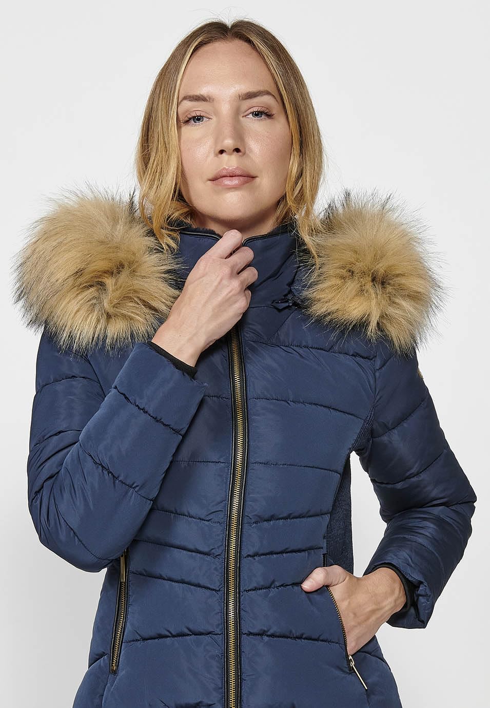 Koroshi NAVY - Giacca imbottita con cappuccio e colletto in pelliccia sintetica con chiusura frontale e cerniera, da donna