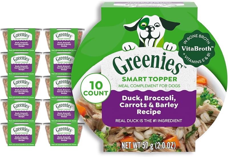 Greenies Smart Topper Wet Dog Food Complement, Duck & Broccoli, 2 oz, 10 ct | Grain-free, Duck #1 ingredient, Bone Broth, Vitamins E & B1, no corn, wheat, soy, immune support, serve as topper or snack