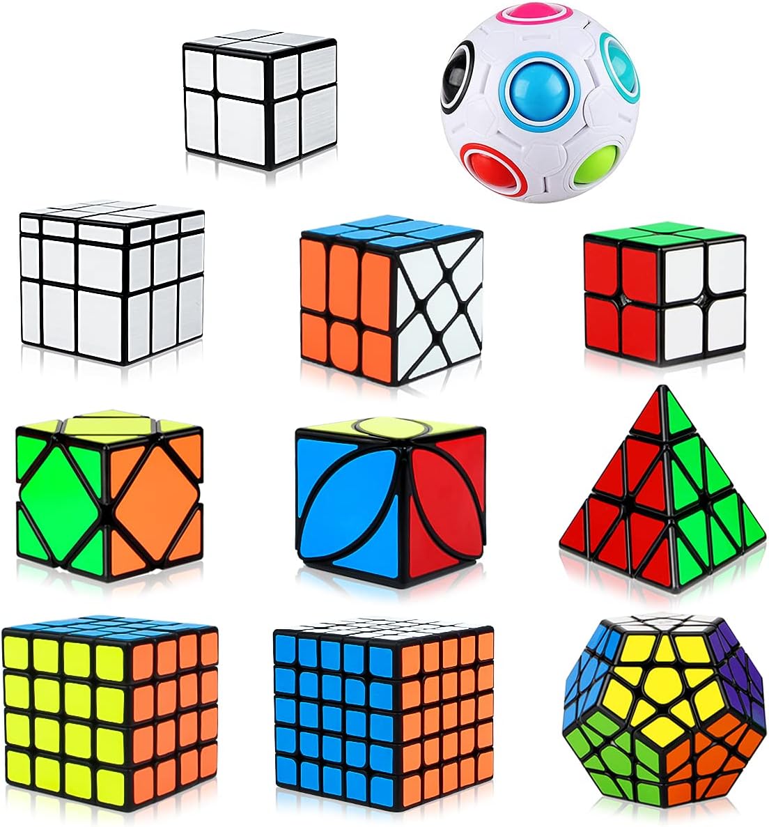 Dreampark Speed Cube Set, 12 Pack Cube Bundle Pyramid Cube 2x2 4x4 5x5 Megaminx Skew Ivy Mirror Cube Magic Rainbow Ball Smooth Sticker Puzzle Cubes Collection for Kids
