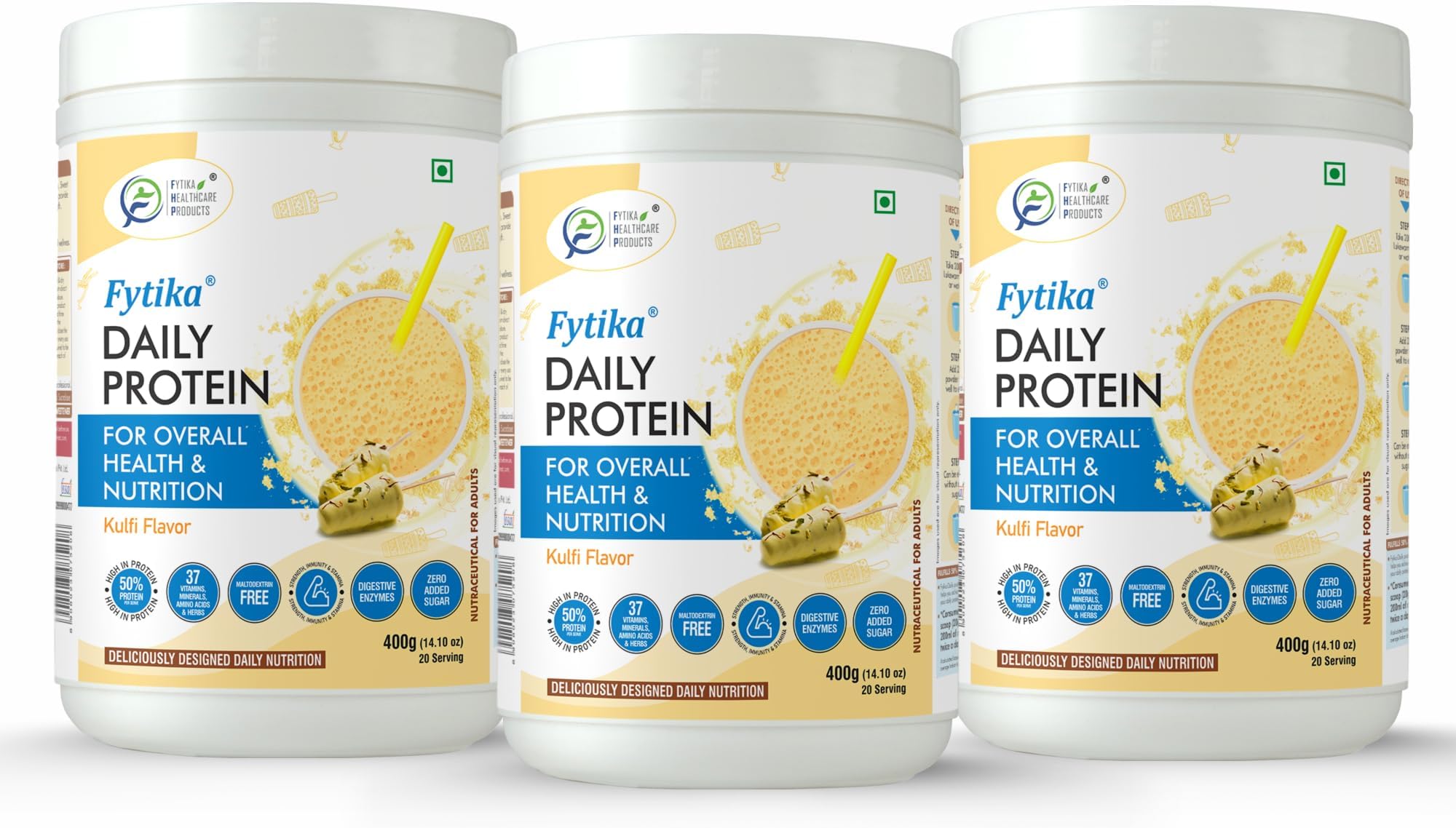 Fytika Daily Protein - 400g Each (Kulfi, Pack of 3) | Protein Powder for Adults with 37 Essential Vitamins & Minerals, | 50% Protein Per Serve | High Protein Drink for Women & Men