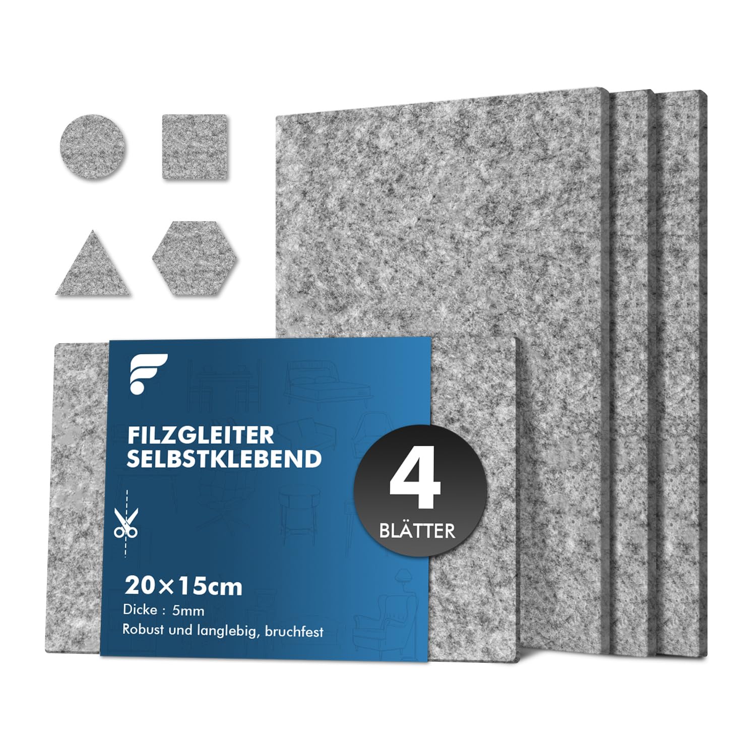 shinfly Filzgleiter Selbstklebend 4 Stück - (20x15x0.5cm) Filzgleiter für Stühle zum Zuschneiden | Filz Selbstklebend | Möbelgleiter für Schwere Möbel | Stuhlgleiter Klebefilz für Stuhlbeine(Grau)