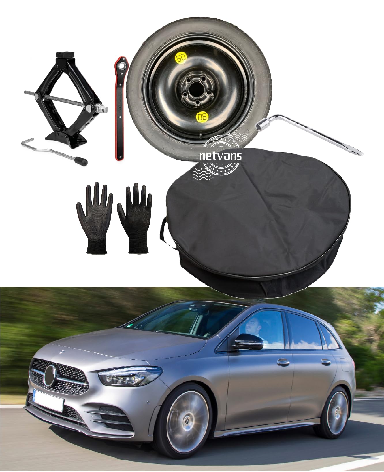 Kit Roue de secours 17" compatible avec Mercedes Classe B avec Cric, Clé, Gants et Sac