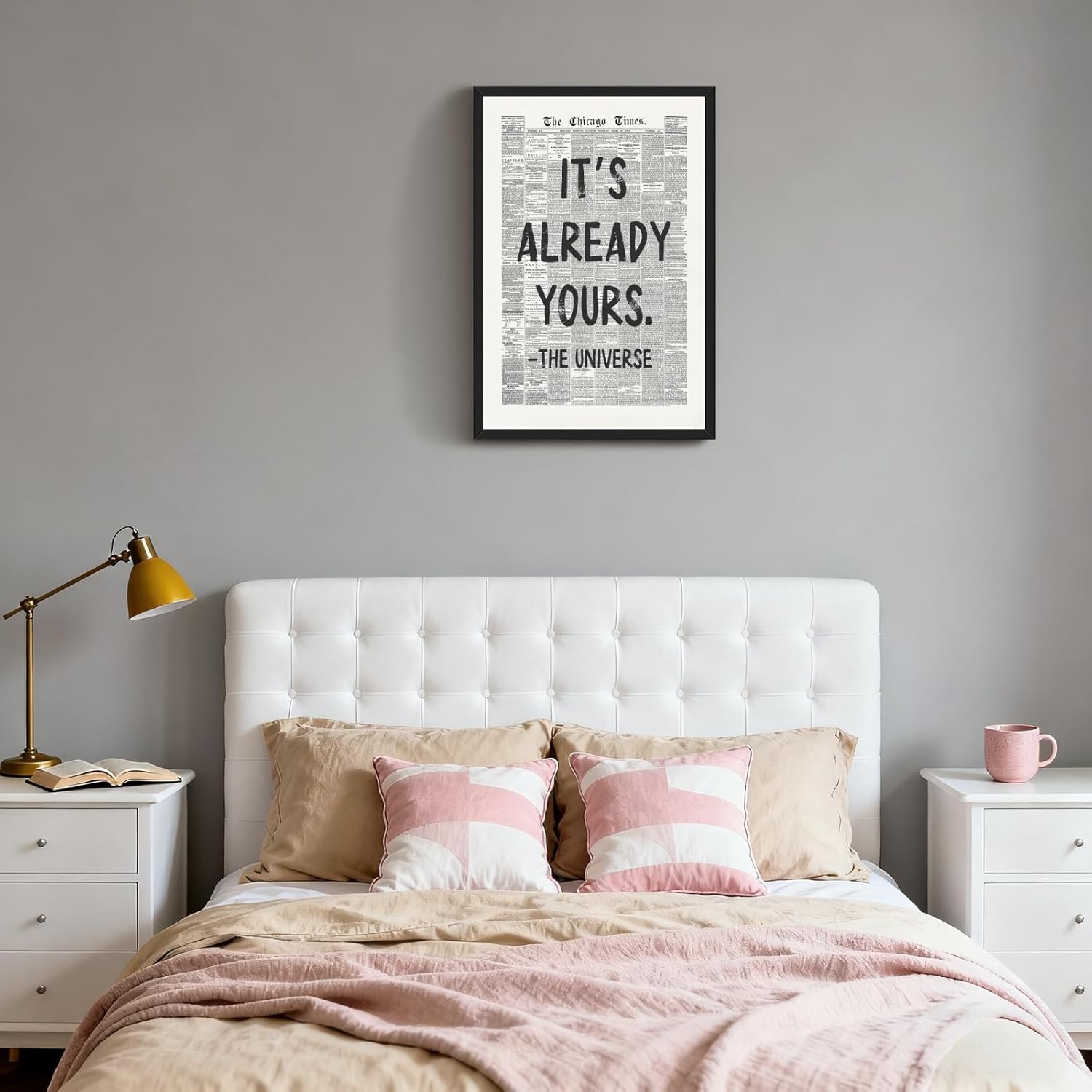 Framed Black And White Retro Newspaper Wall Art Canvas Print ItS Already Yours Universe Quote Posters Trendy Positive Inspirational Affirmation Wall Decor for Bedroom Office Apartment Dorm 8x12inch