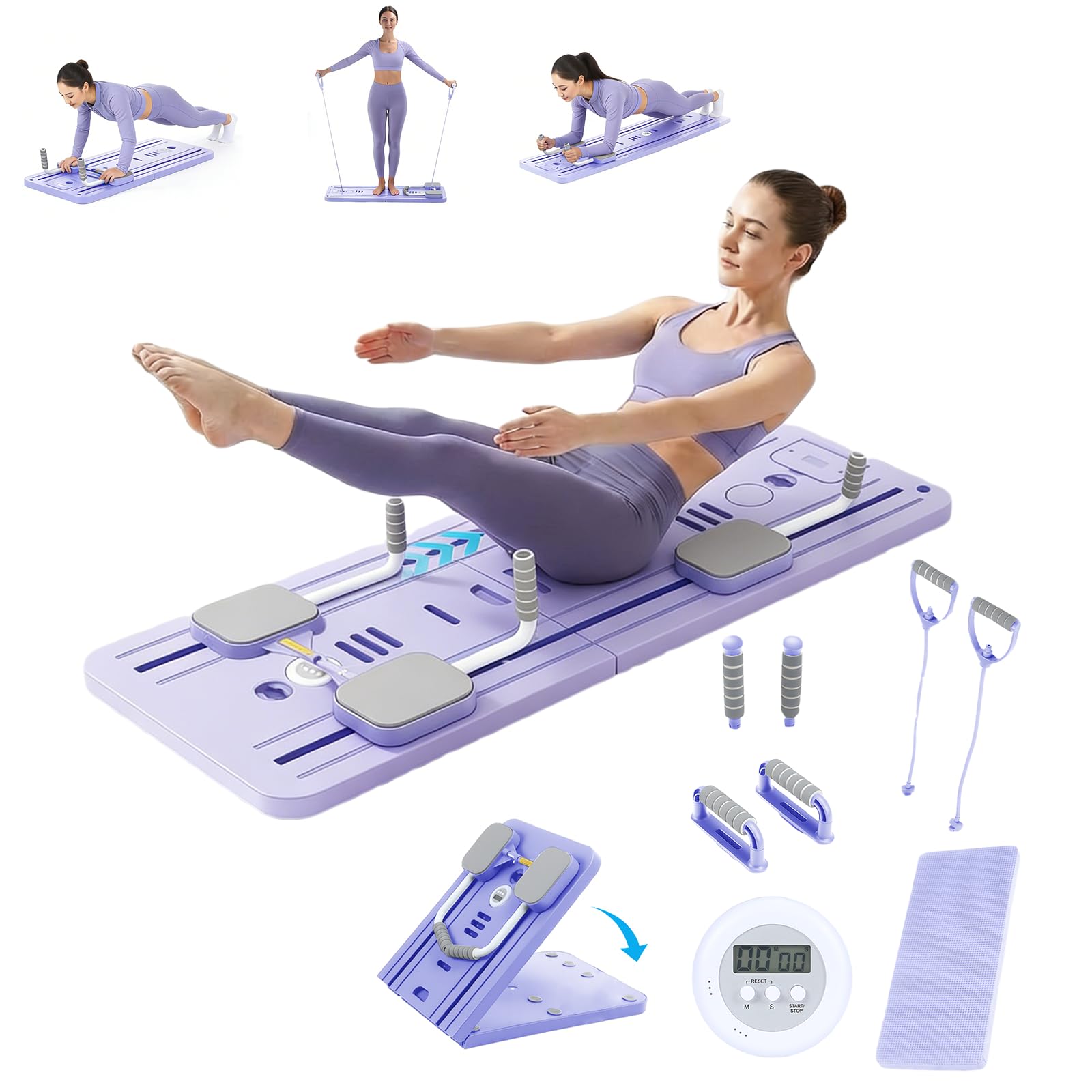 Pilates Board Reformer Plegable de Resistencia, Reformer Pilates Maschine Kit, Set Tabla Pilates, Mini Equipo de Fitness para Entrenamiento de Cuerpo Completo, Máquina de Pilates para Casa