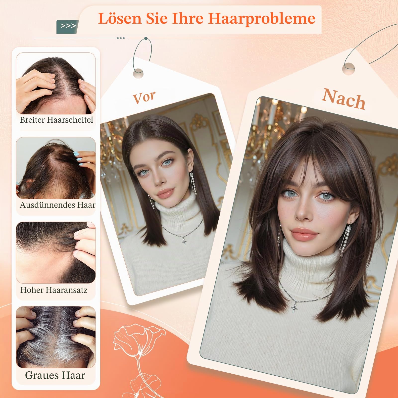 Benehair Echthaar Hair Topper für Frauen, 100% Echthaar Topper mit Pony, 14g Haarverdichtung für Dünnem mit Bange, 7x11CM Basis Menschliches Haar Toppers Oberkopf, 27CM #02 Dunkel Braun